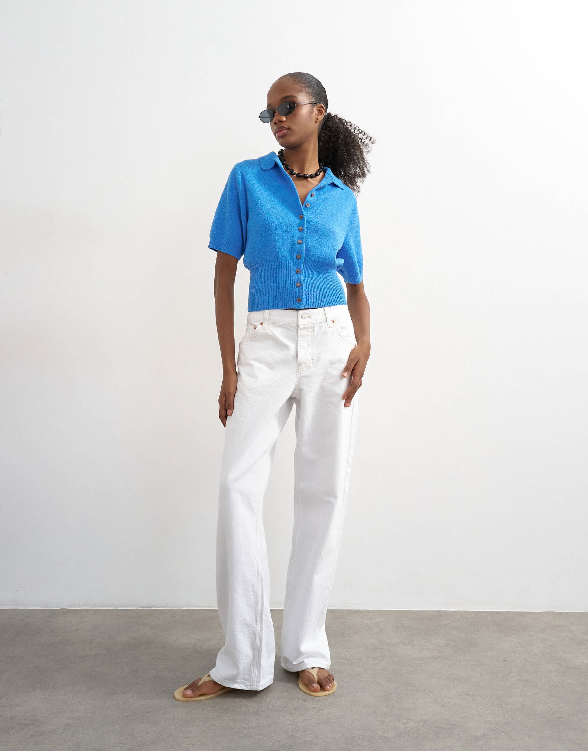 Topshop fine knitted towelling cinch waist polo in blue