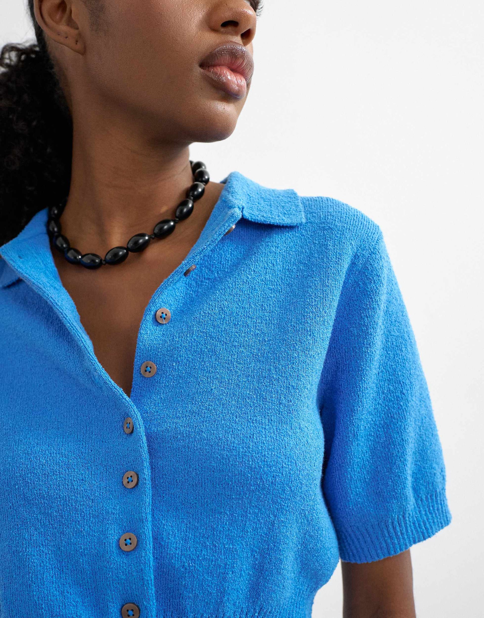 Topshop fine knitted towelling cinch waist polo in blue