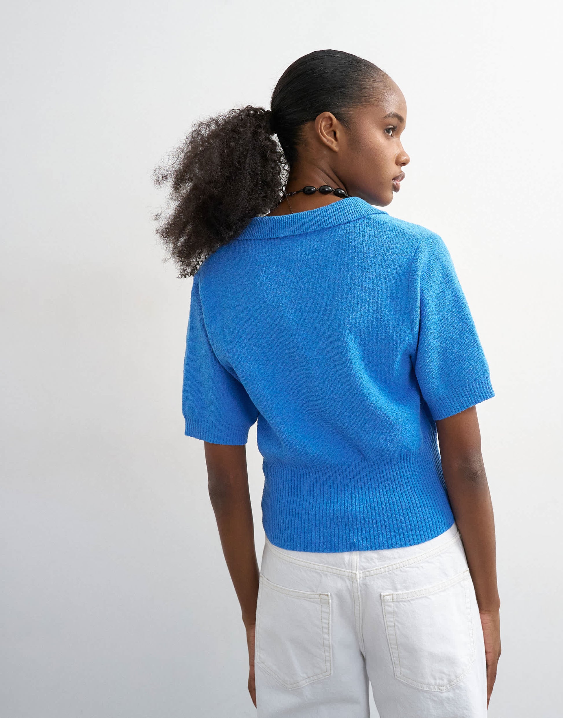 Topshop fine knitted towelling cinch waist polo in blue