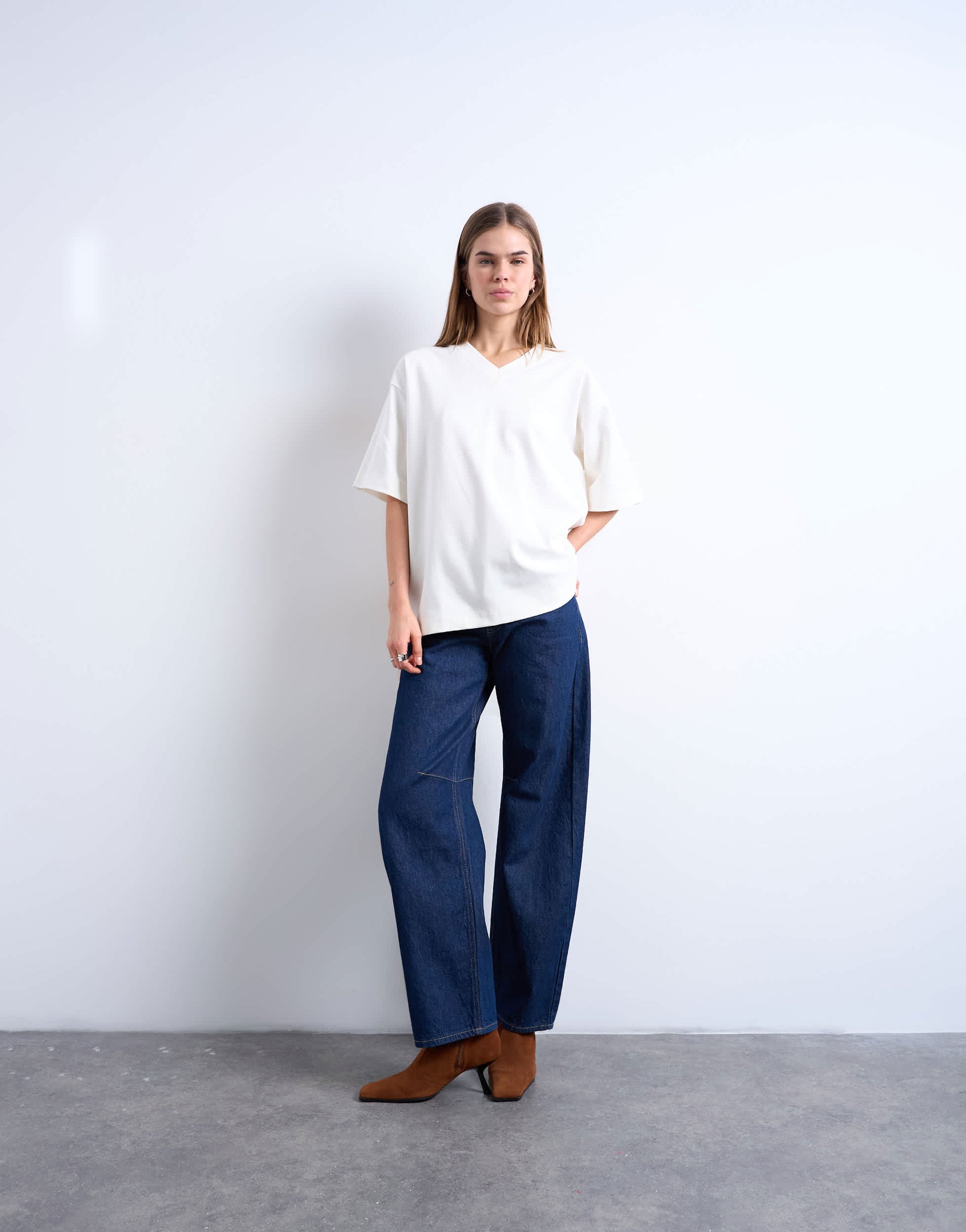 Topshop v-neck premium interlock tee in ecru