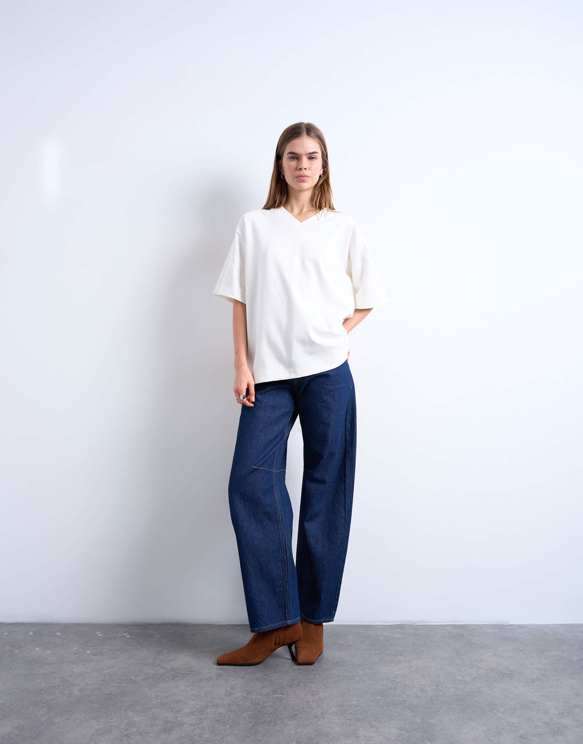 Topshop v-neck premium interlock tee in ecru