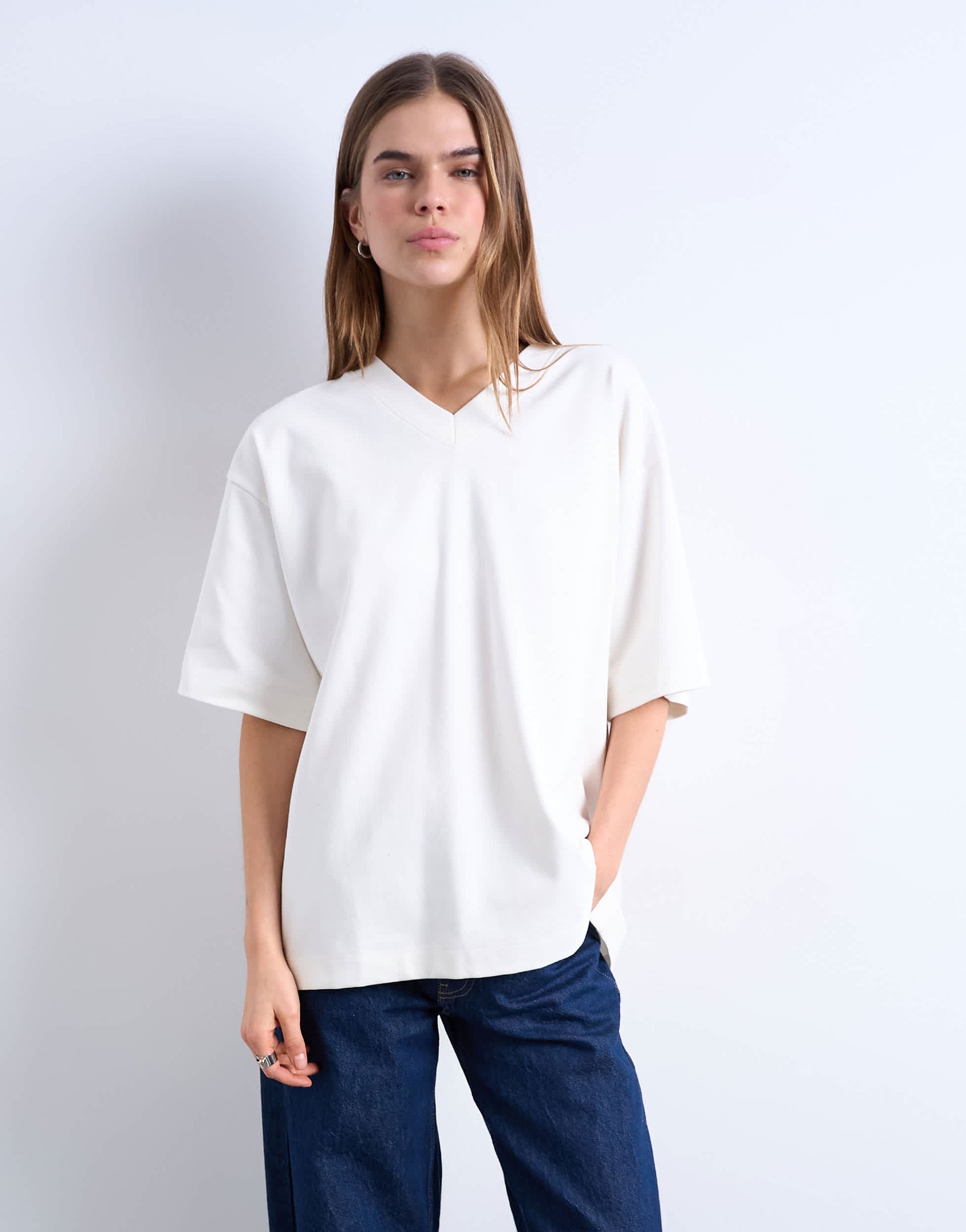 Topshop v-neck premium interlock tee in ecru