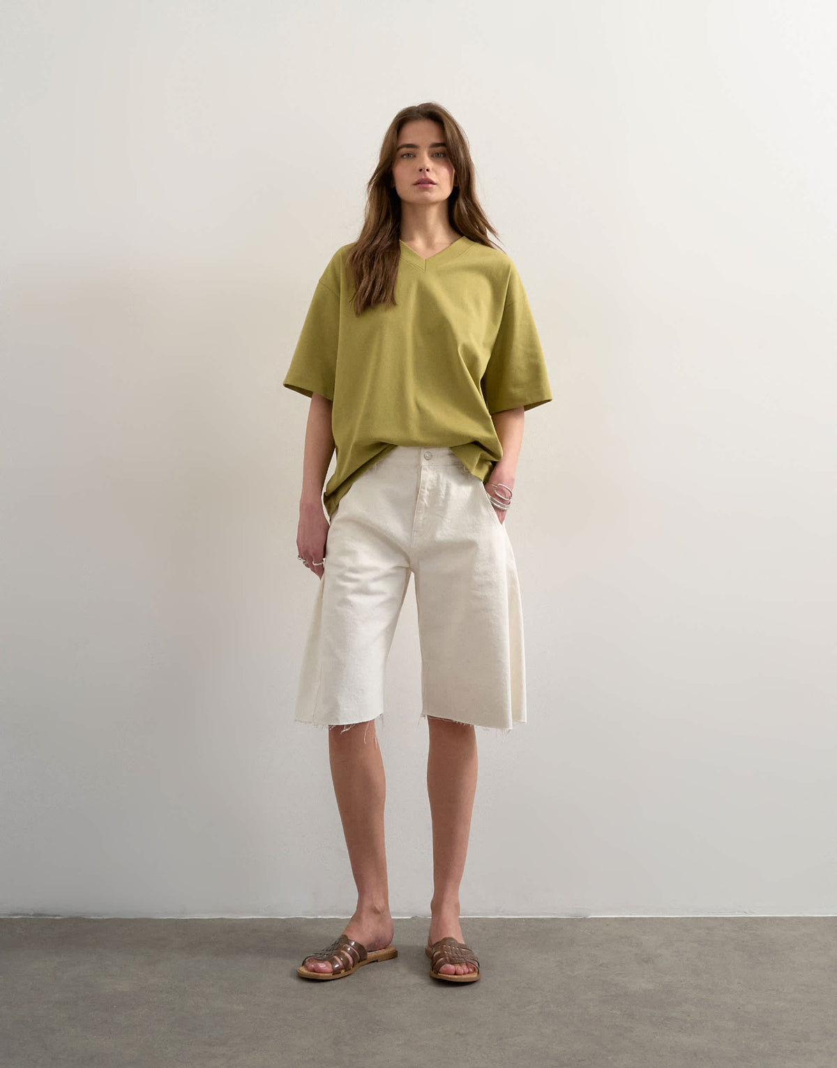 Topshop v-neck premium interlock tee in khaki