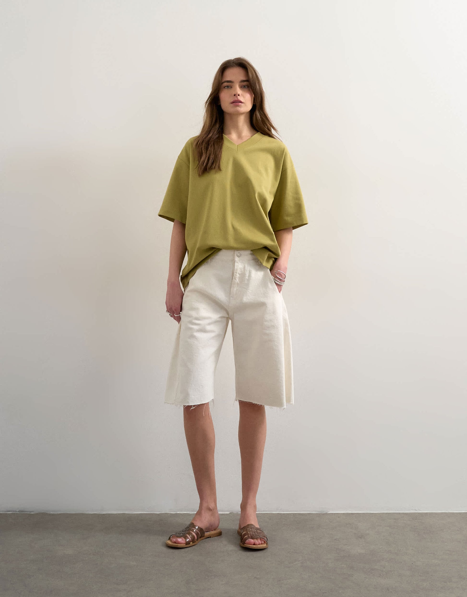 Topshop v-neck premium interlock tee in khaki