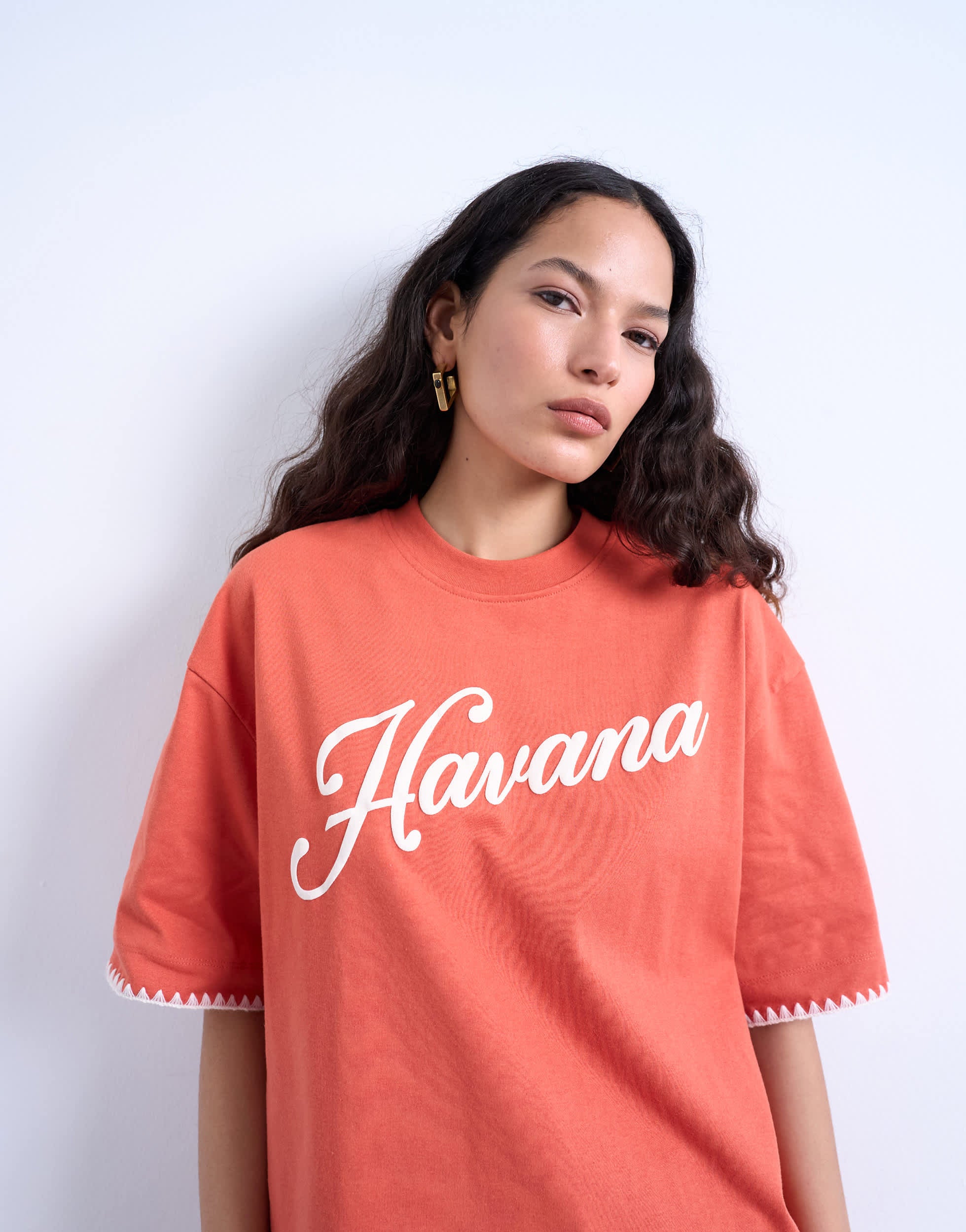 Topshop graphic Havana oversized whip stitch tee in orange