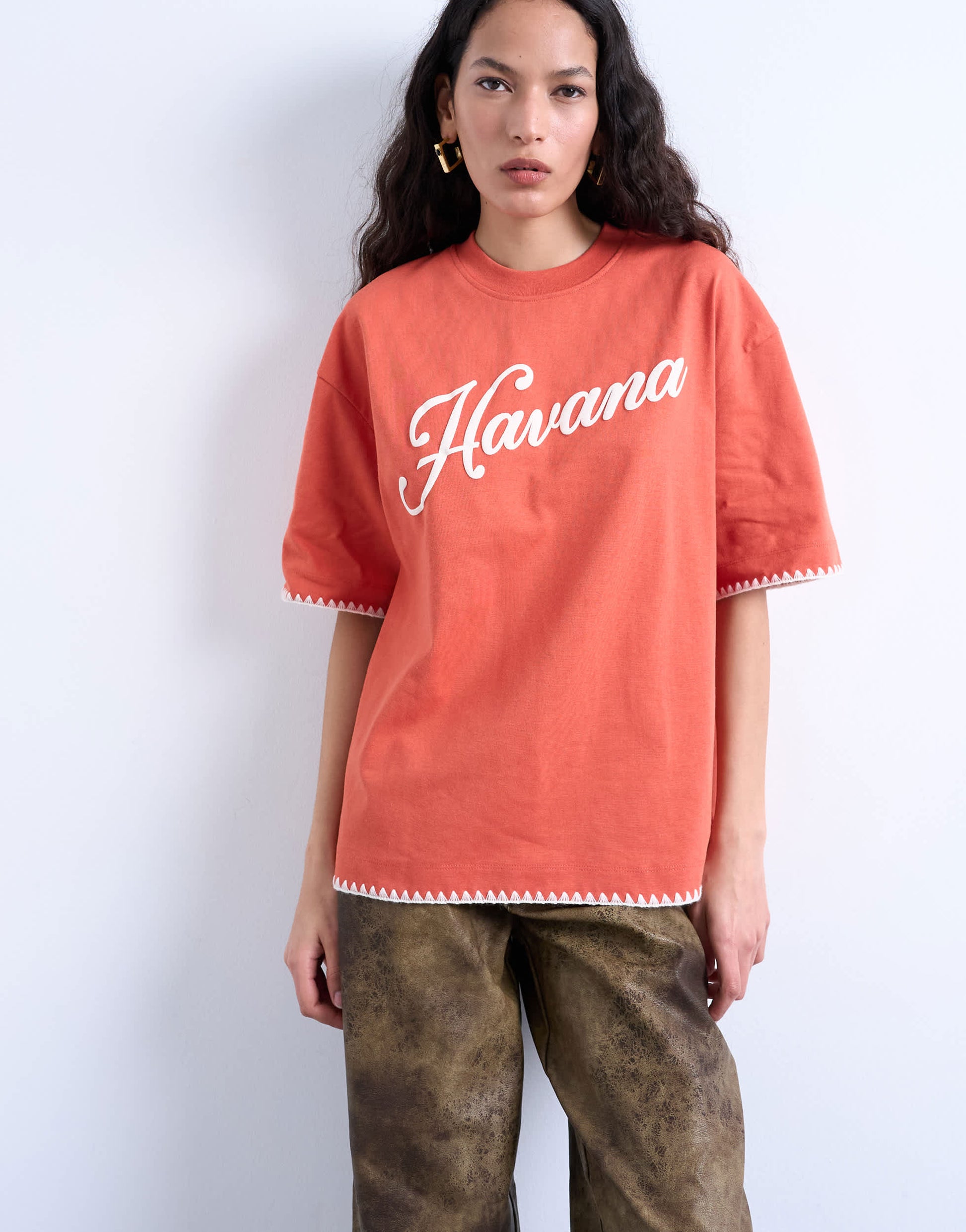 Topshop graphic 'Havana' oversized whip stitch tee in orange