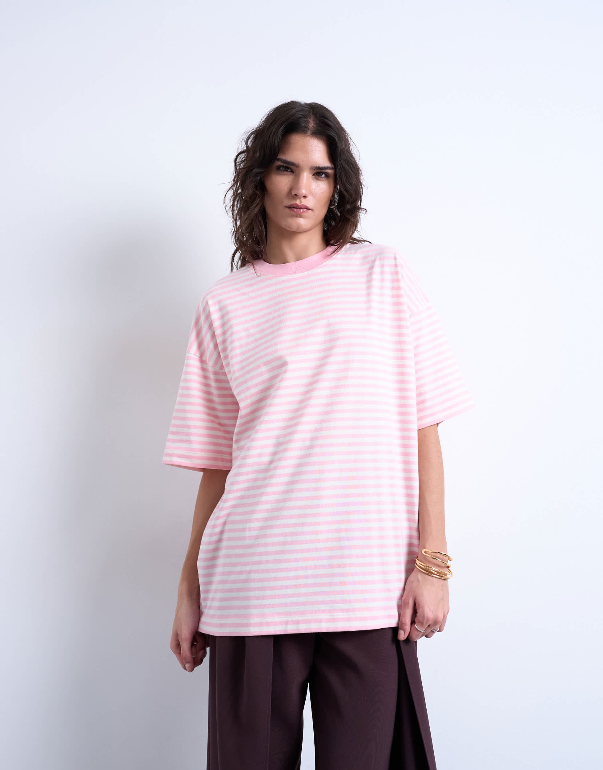 Topshop stripe oversized drop shoulder tee in pink