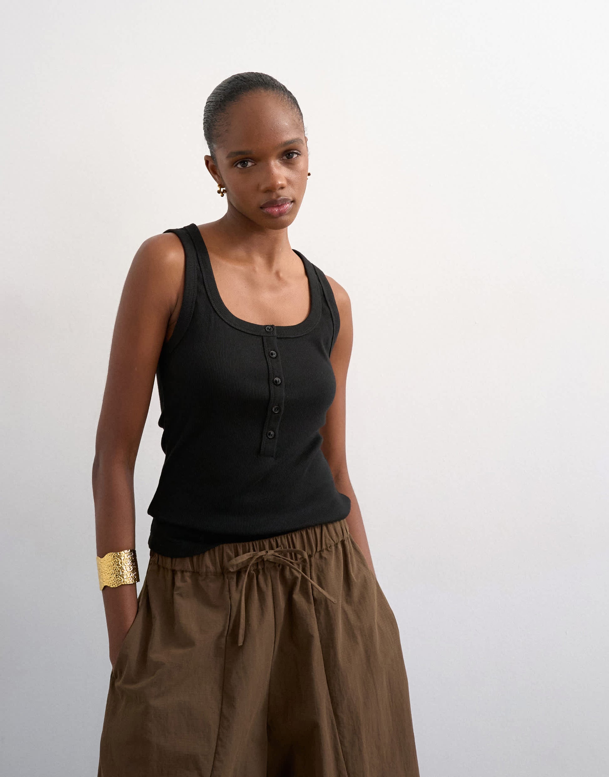 Topshop button rib vest in black