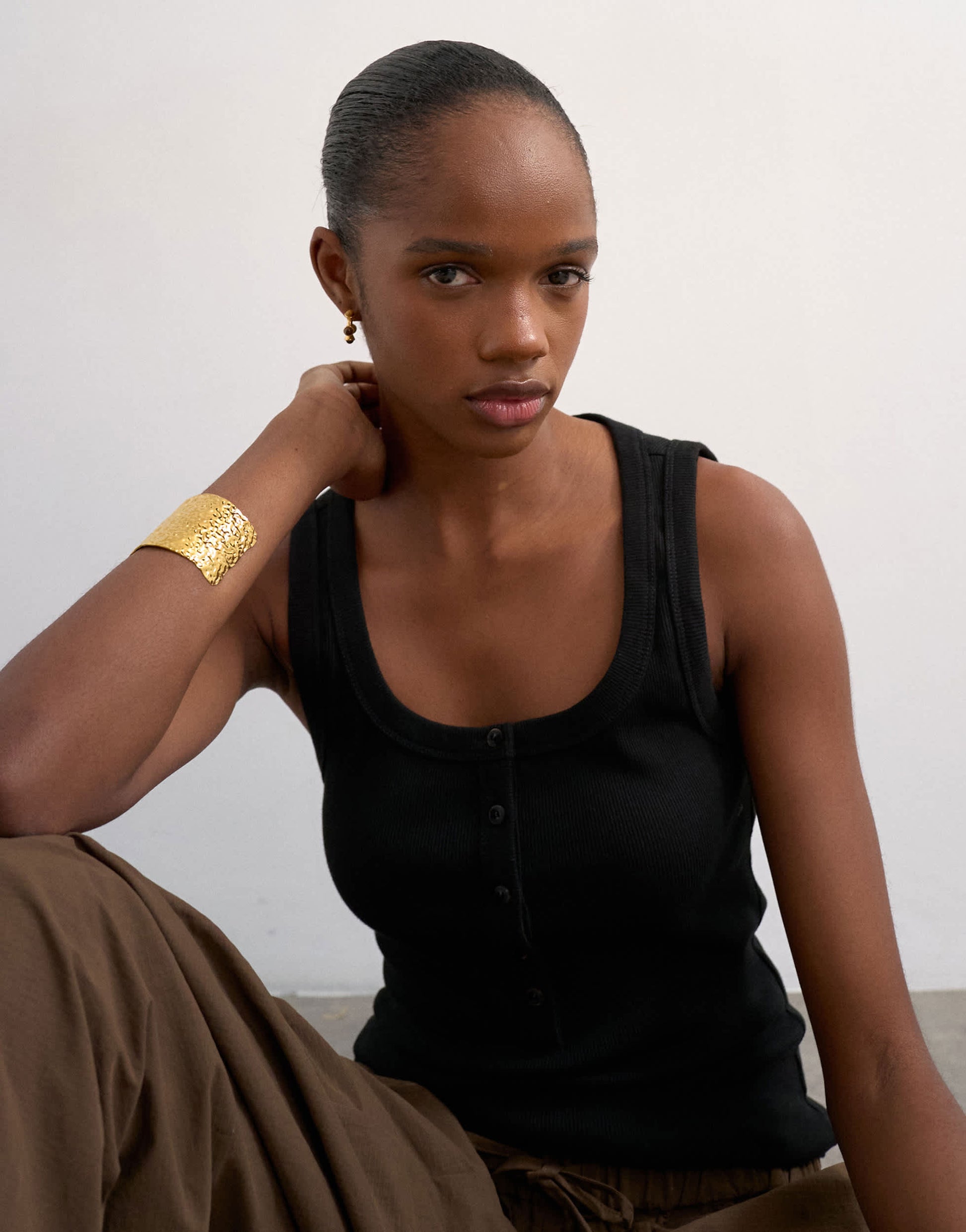 Topshop button rib vest in black