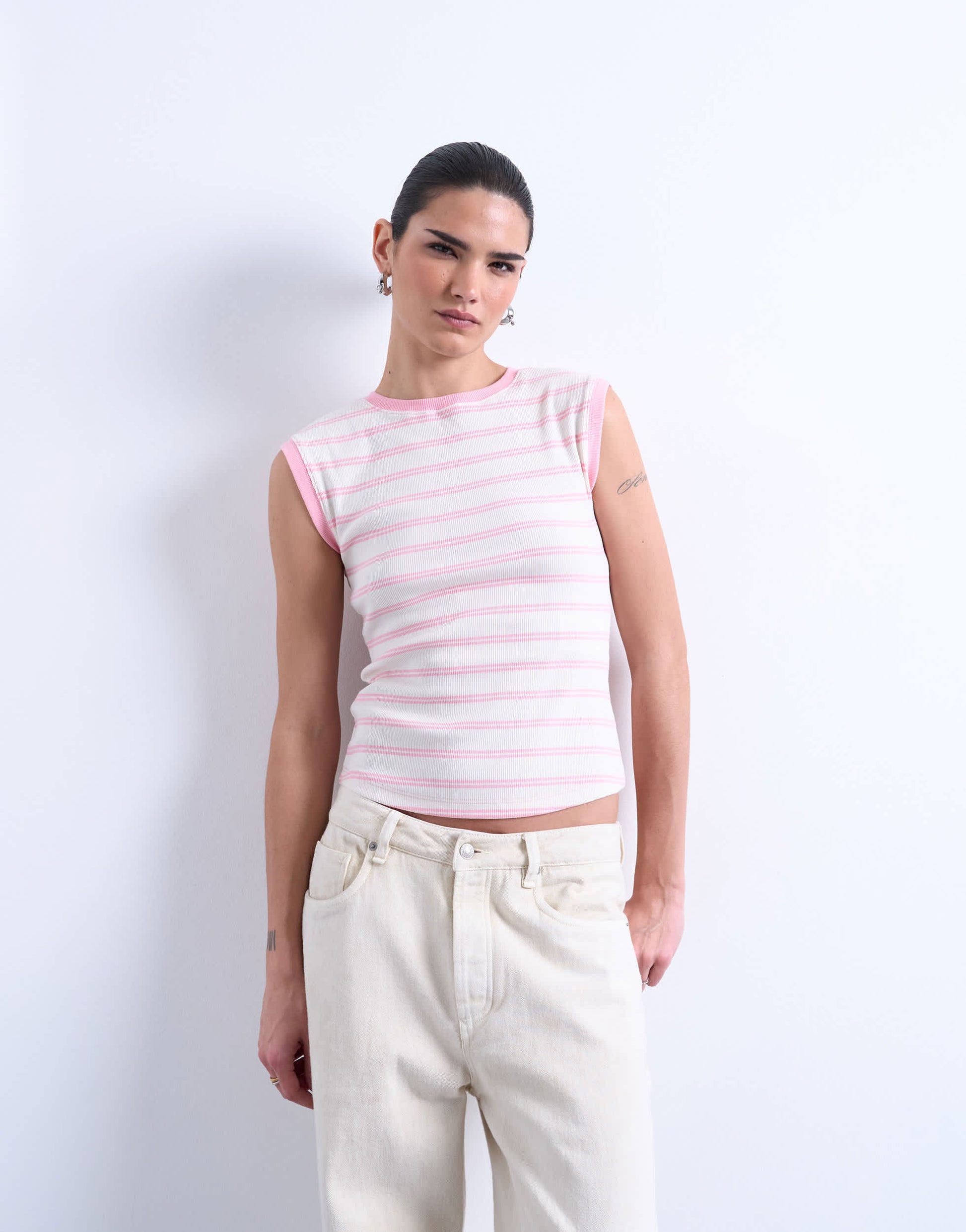 Topshop stripe rib boyfriend tank in pink