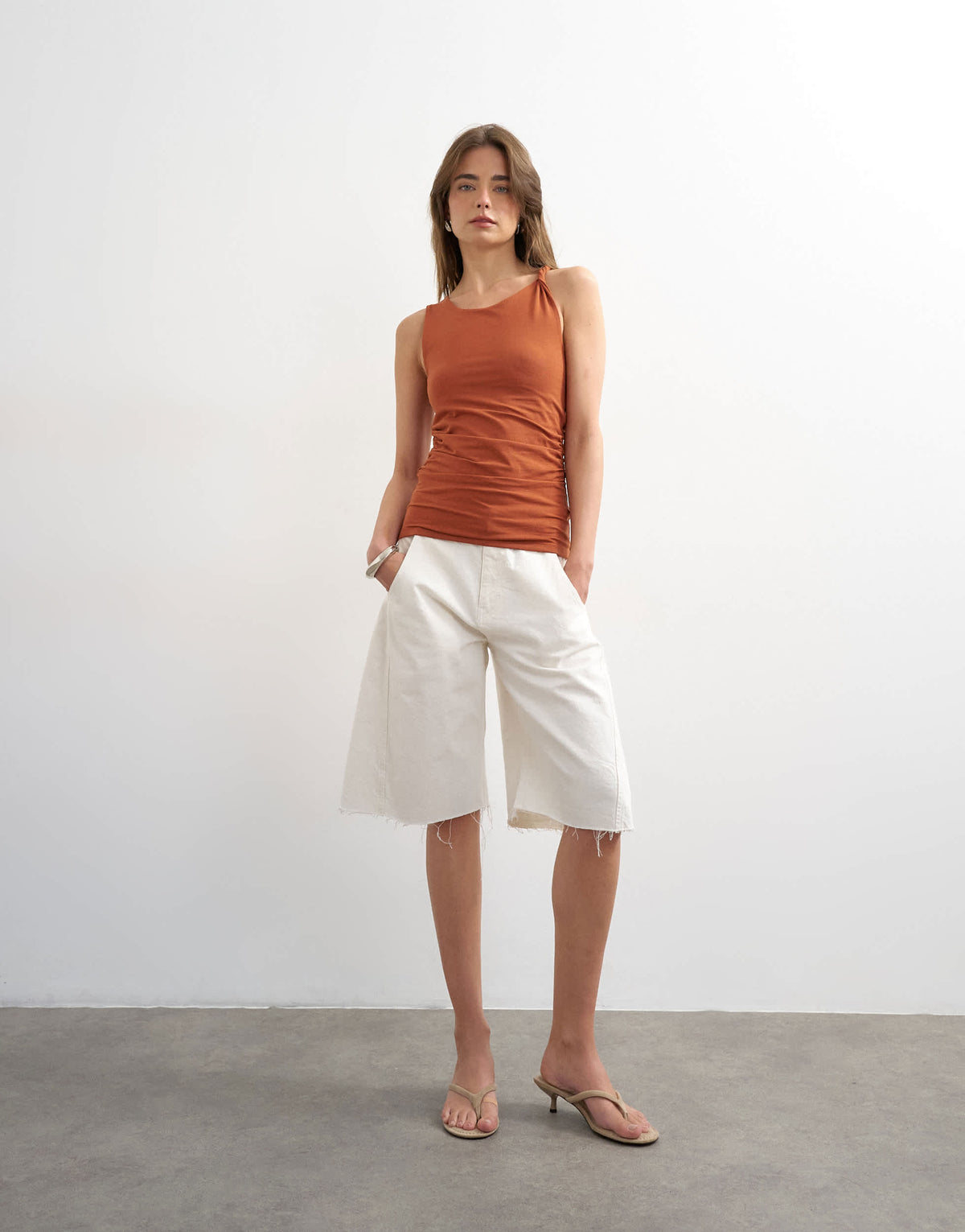 Topshop knot detail ruched side tank in brown