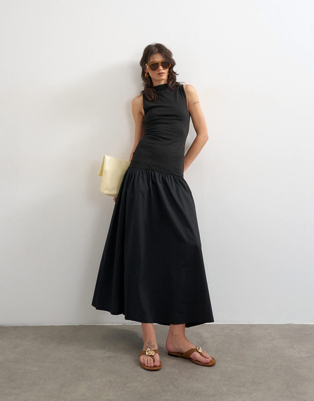 Topshop drop waist poplin mix open back maxi dress in black