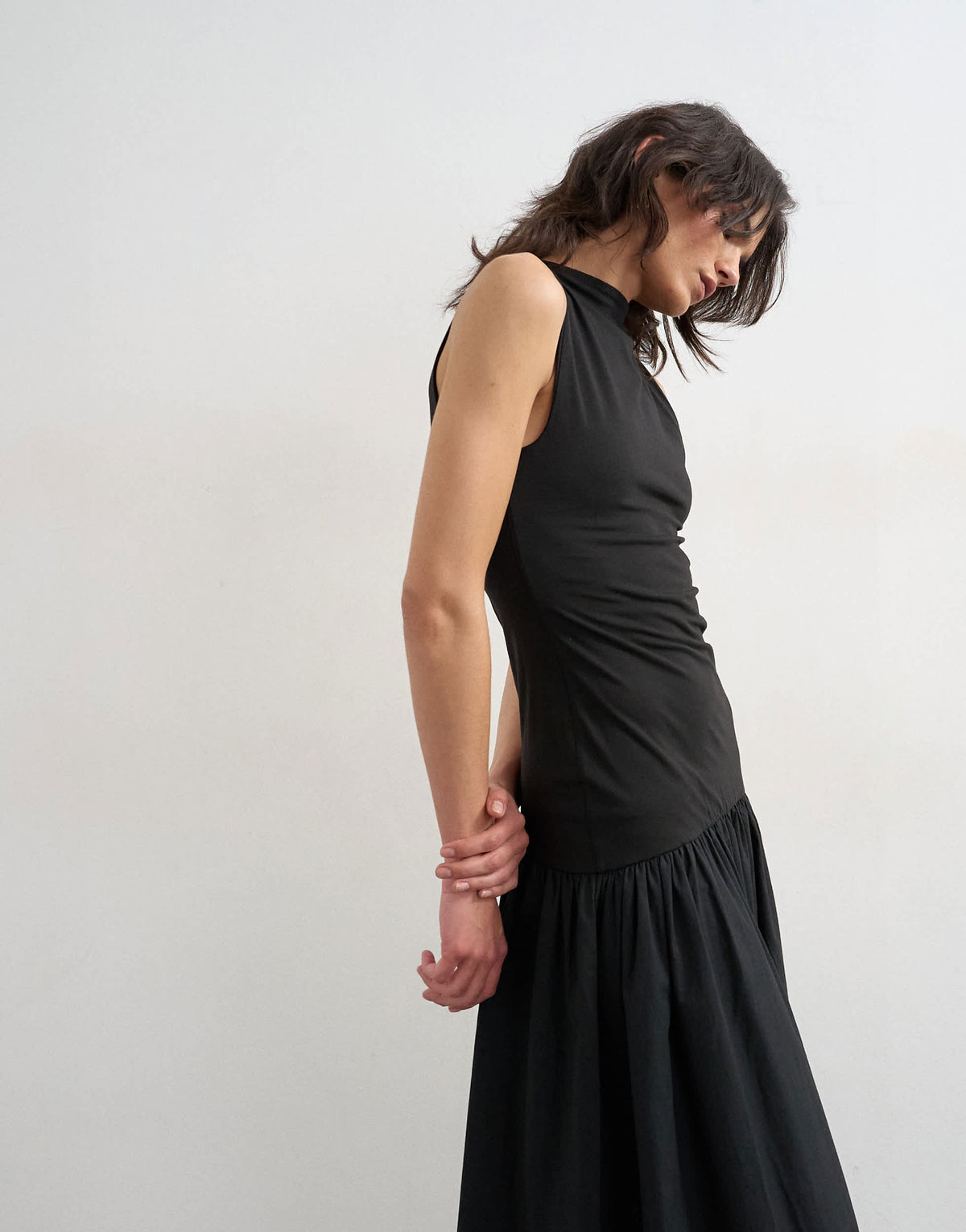 Topshop drop waist poplin mix open back maxi dress in black
