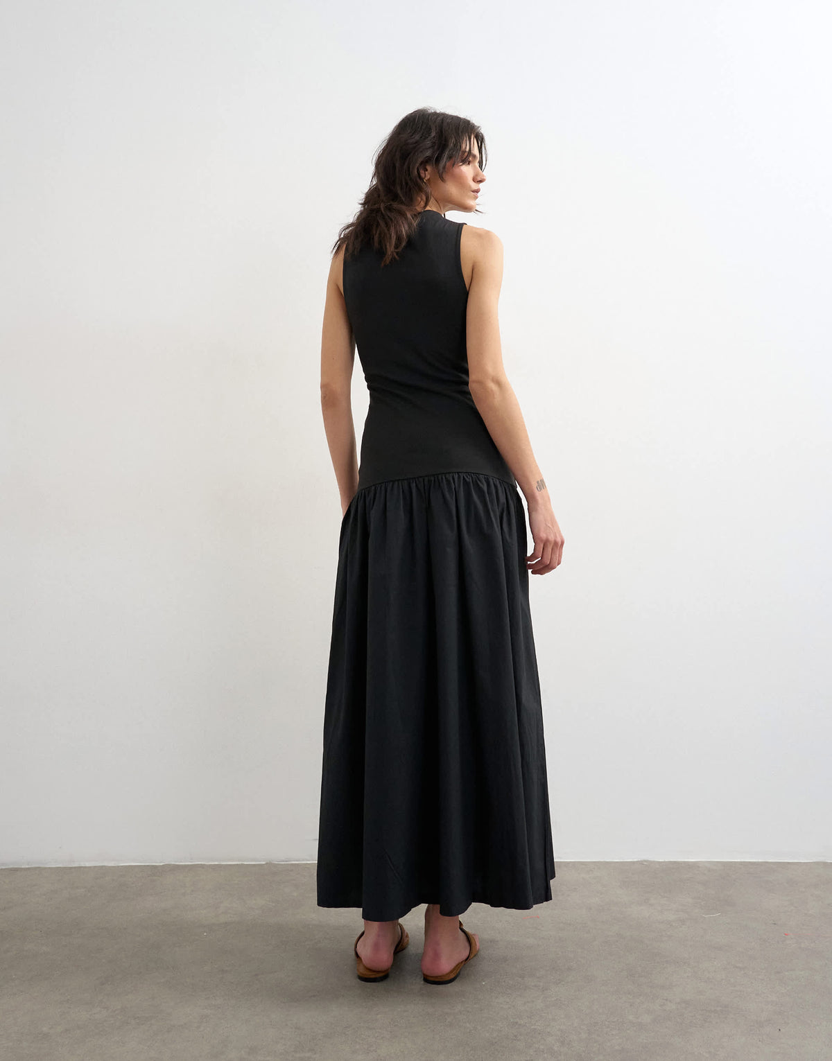 Topshop drop waist poplin mix open back maxi dress in black