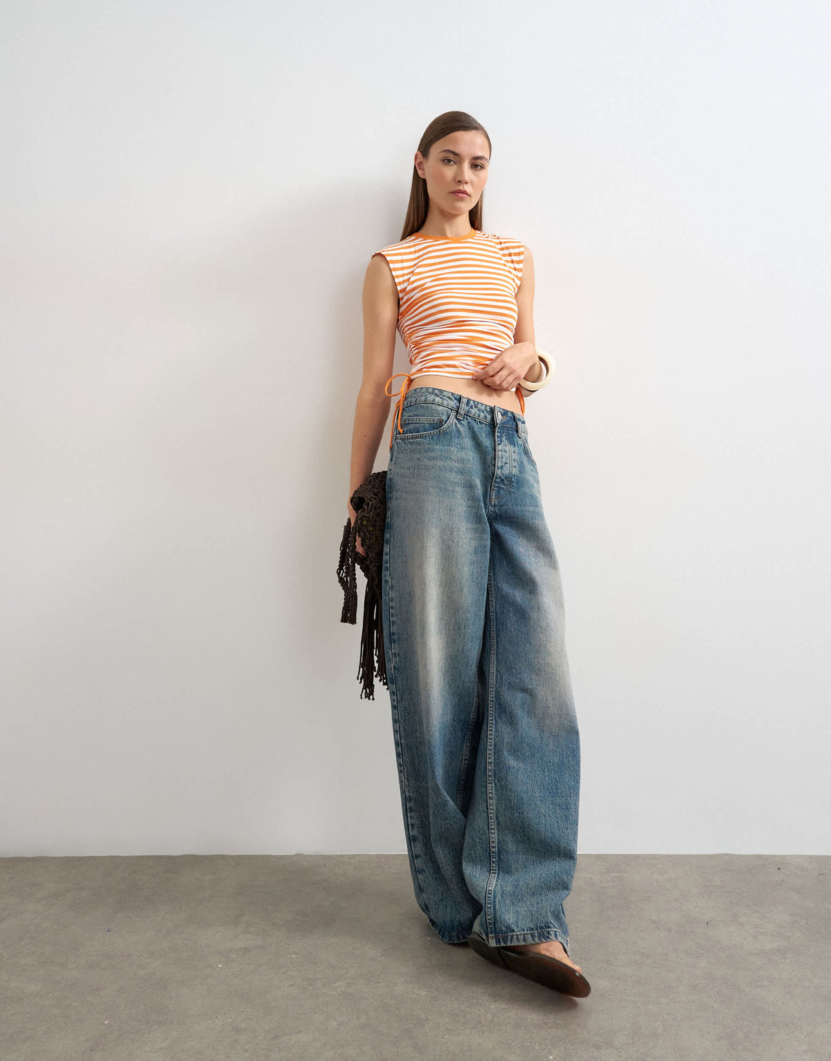 Topshop stripe ruched drawcord tank in orange