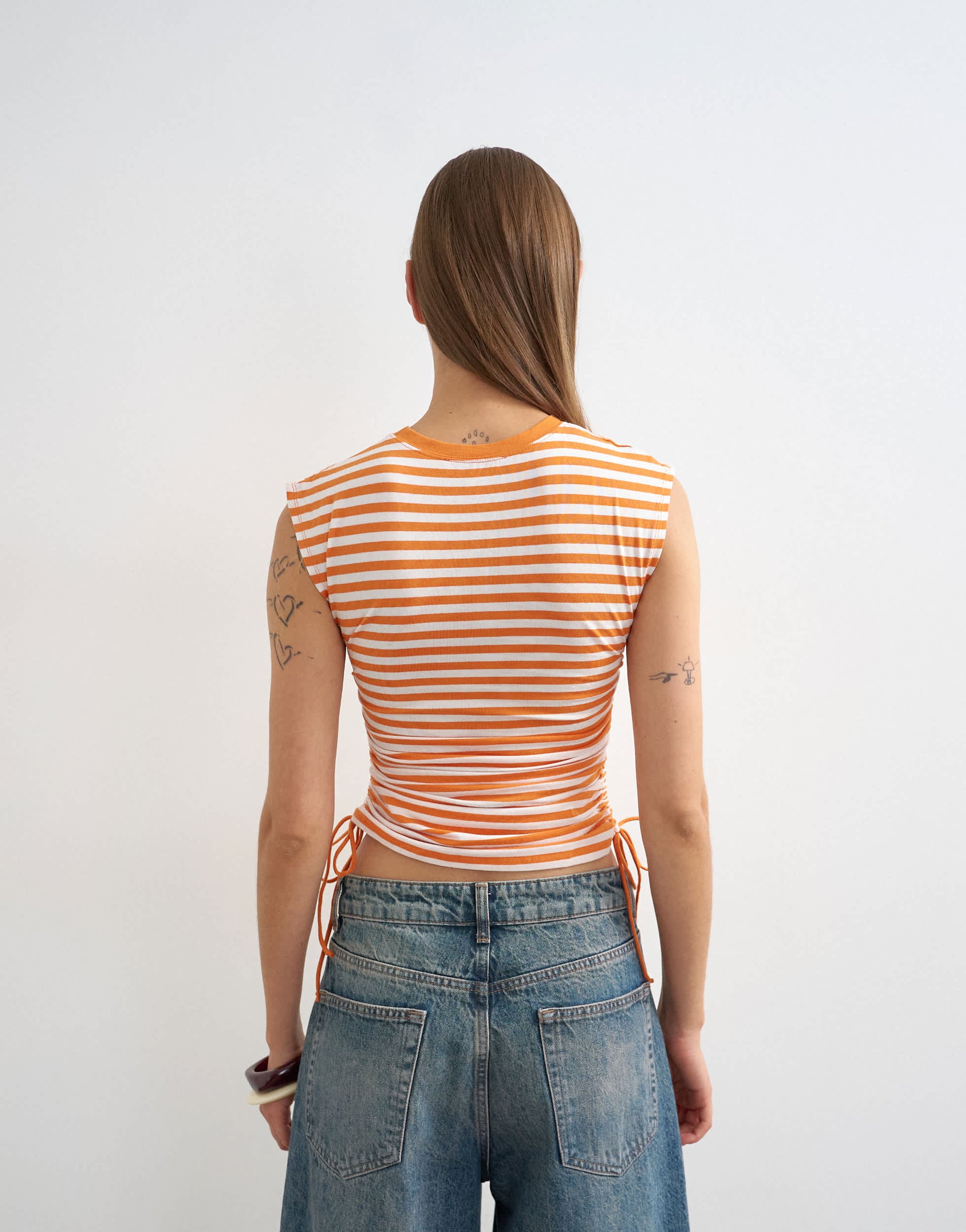 Topshop stripe ruched drawcord tank in orange