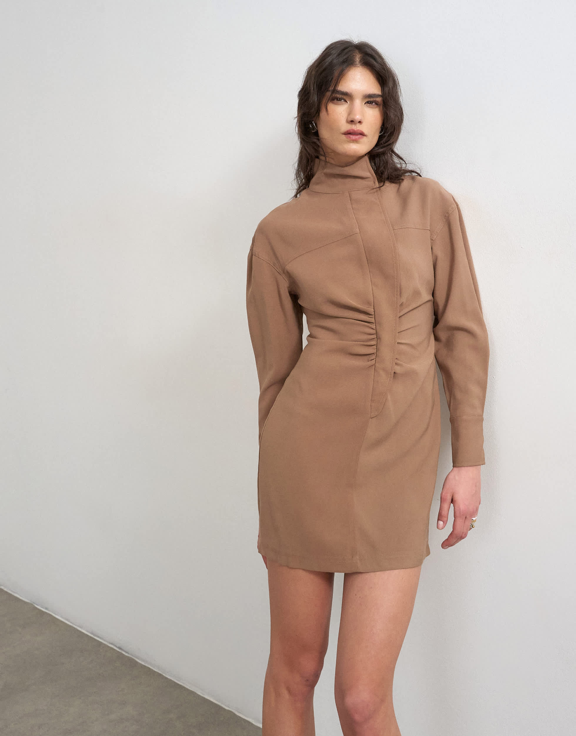 Topshop funnel neck cupro mini dress in chocolate