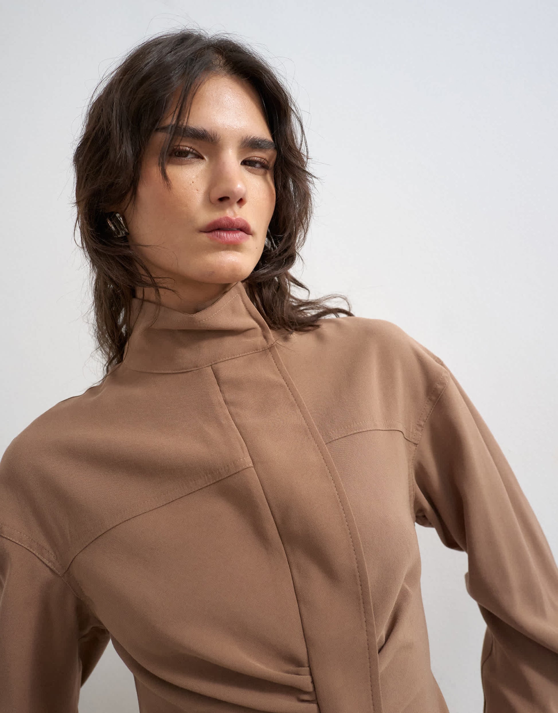 Topshop funnel neck cupro mini dress in chocolate
