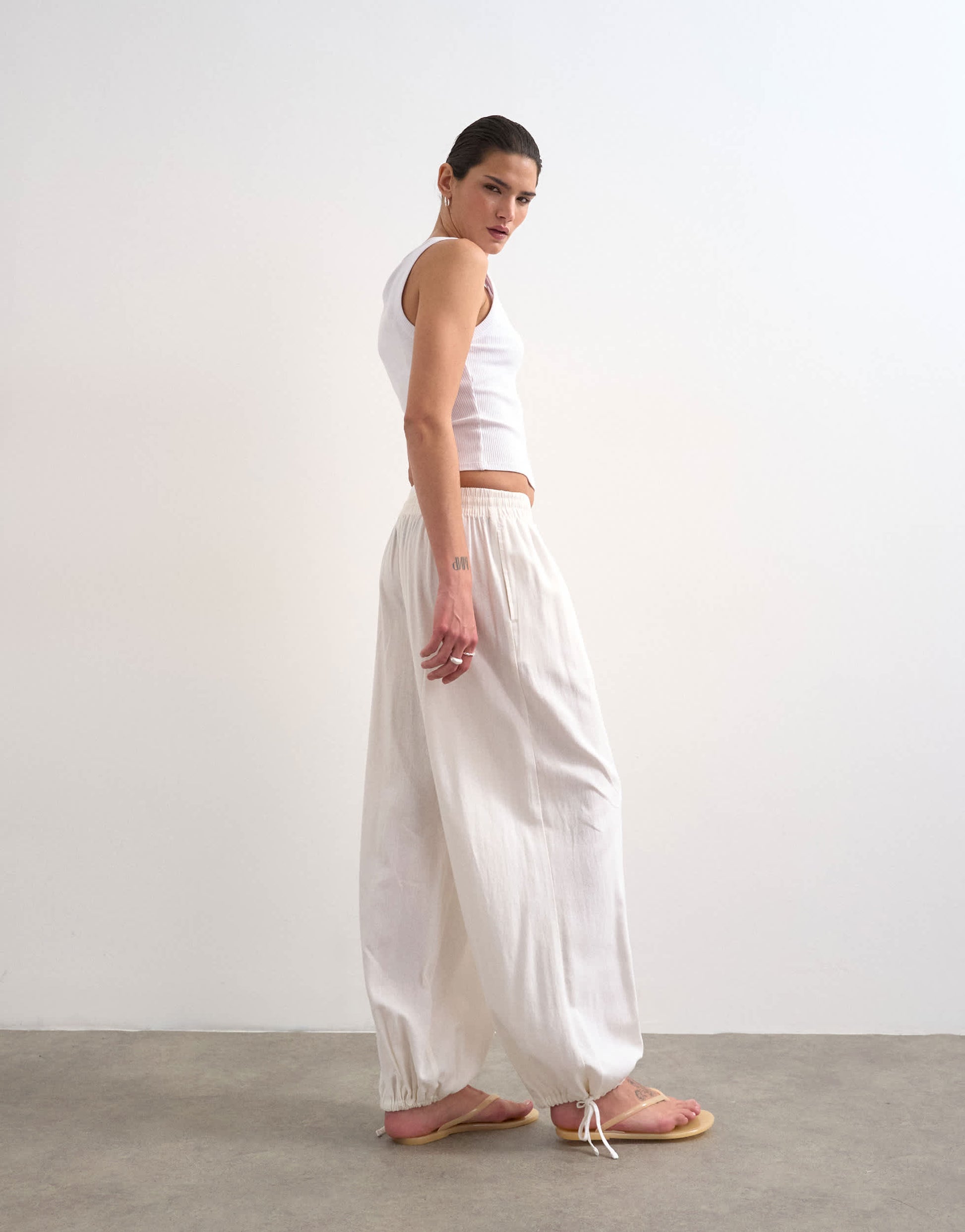 Topshop linen elasticated waist balloon trouser in white