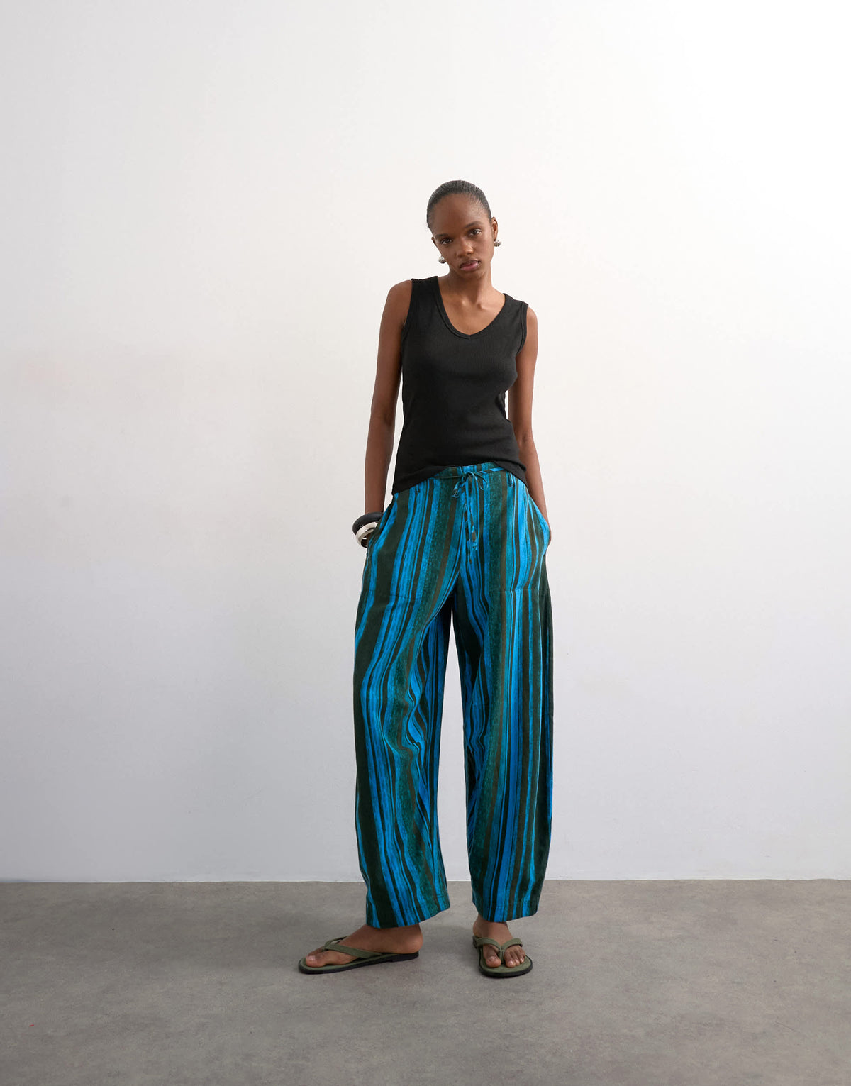 Topshop linen stripe clean tie waist barrel trouser in blue