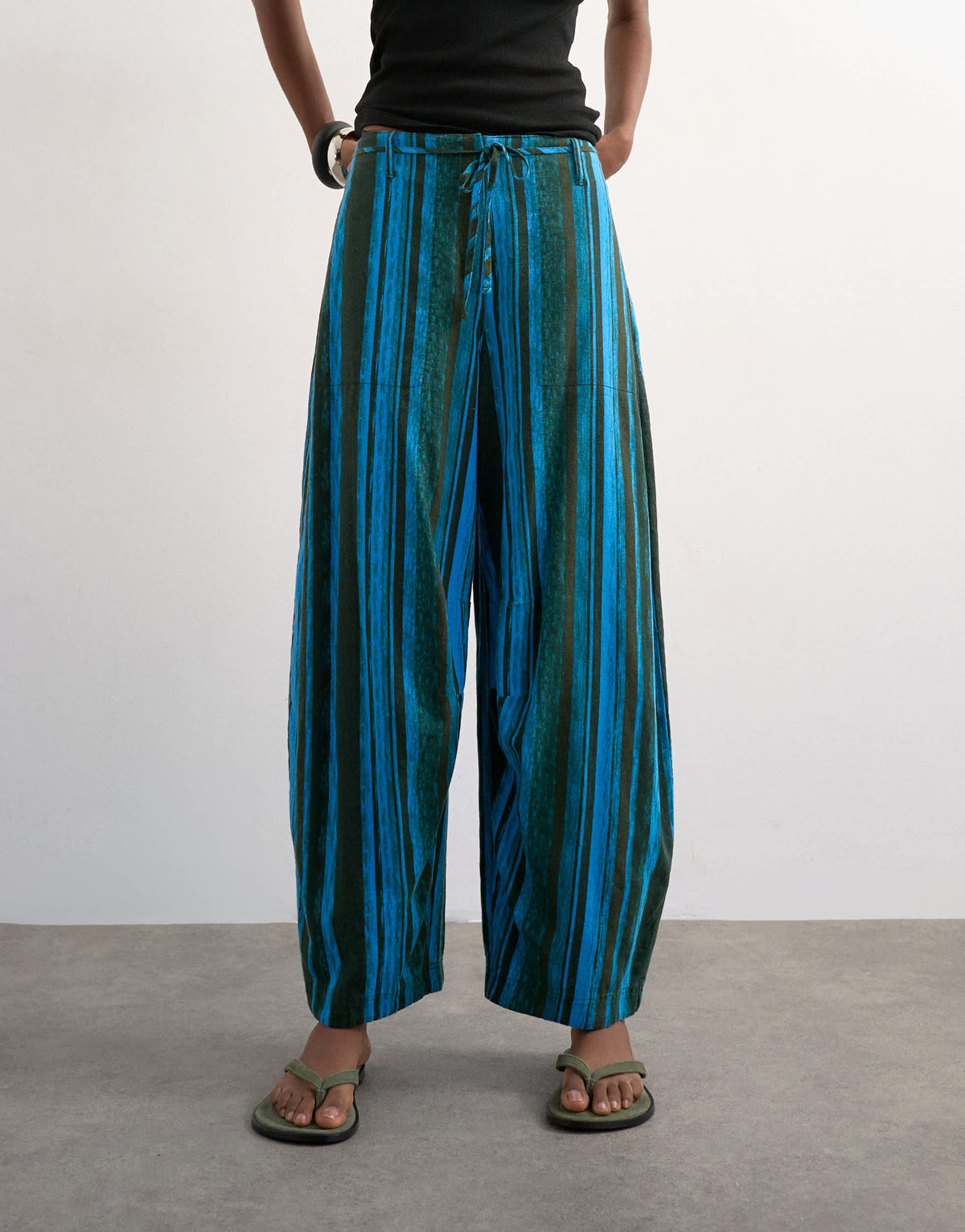 Topshop linen stripe clean tie waist barrel trouser in blue