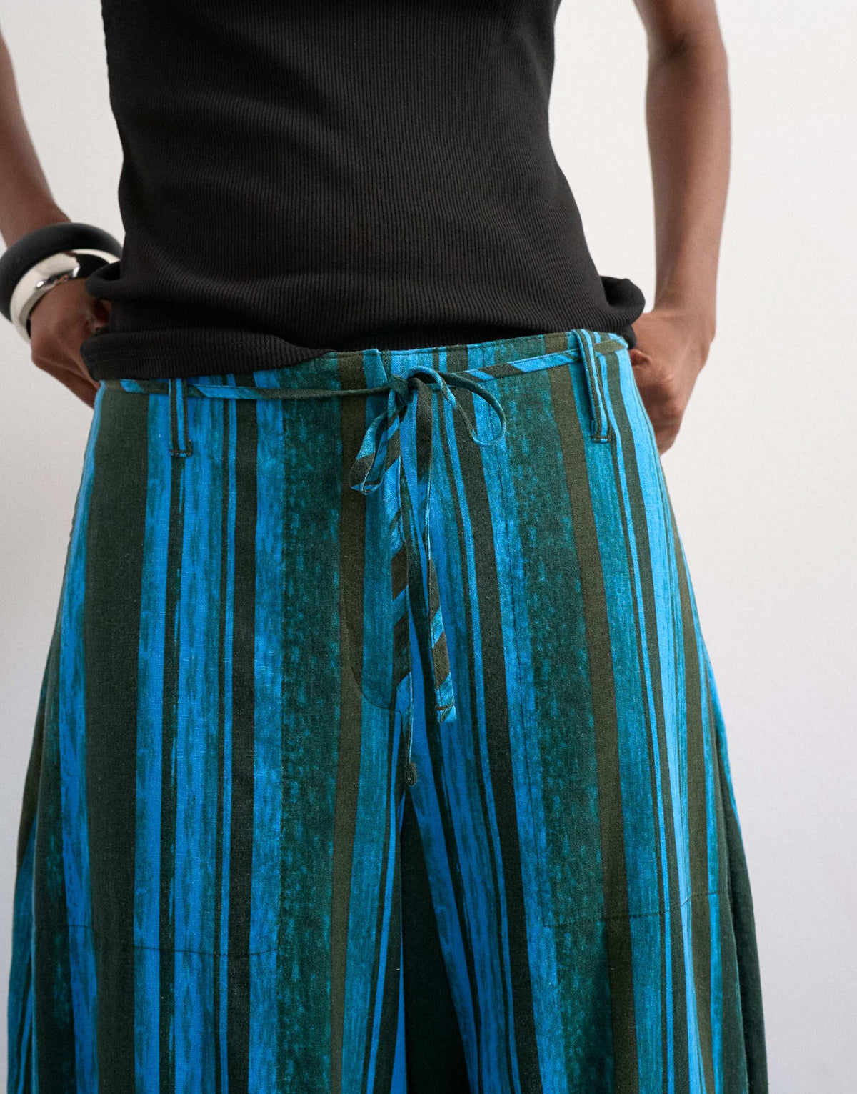 Topshop linen stripe clean tie waist barrel trouser in blue