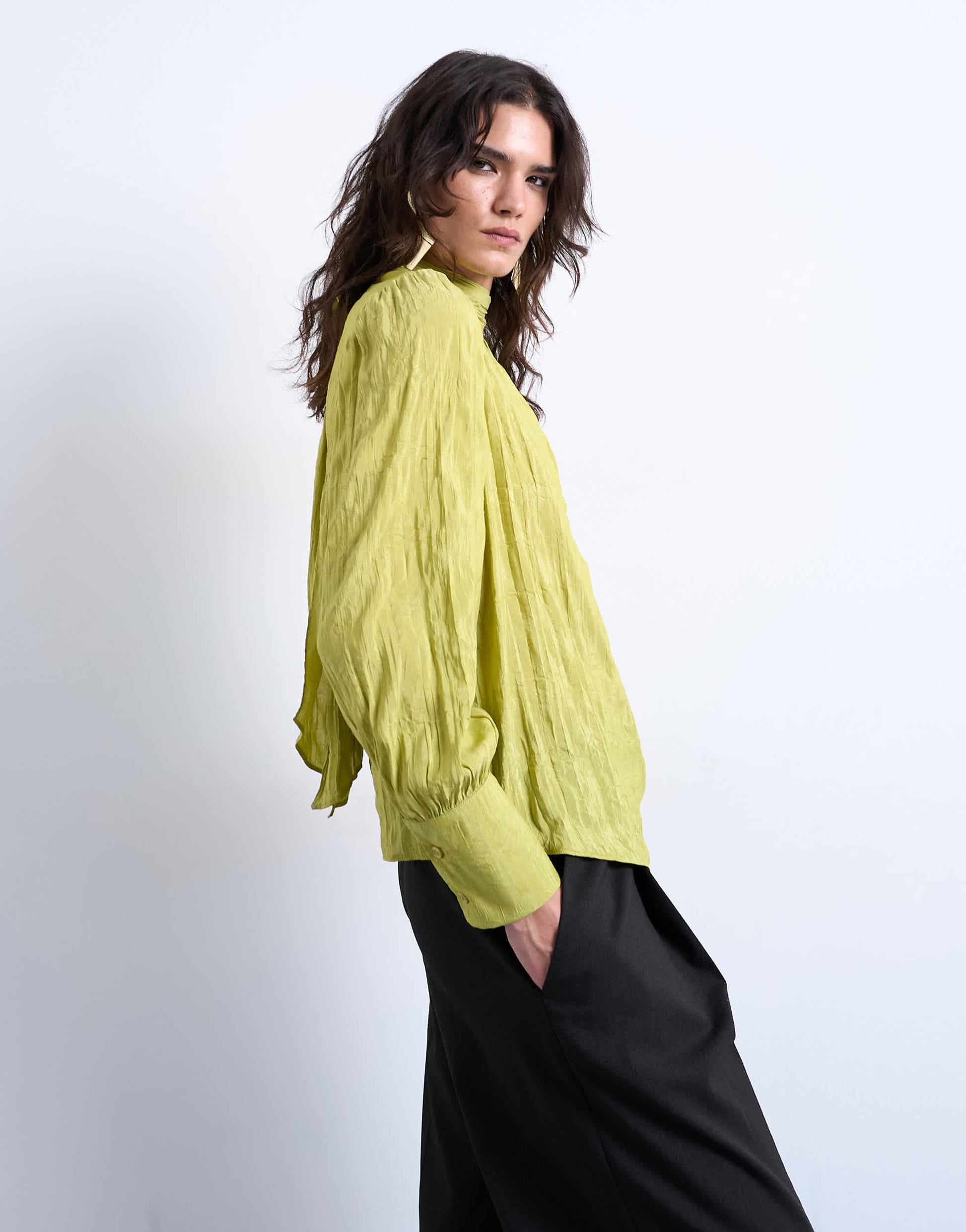 Topshop crinkle scarf blouse in green