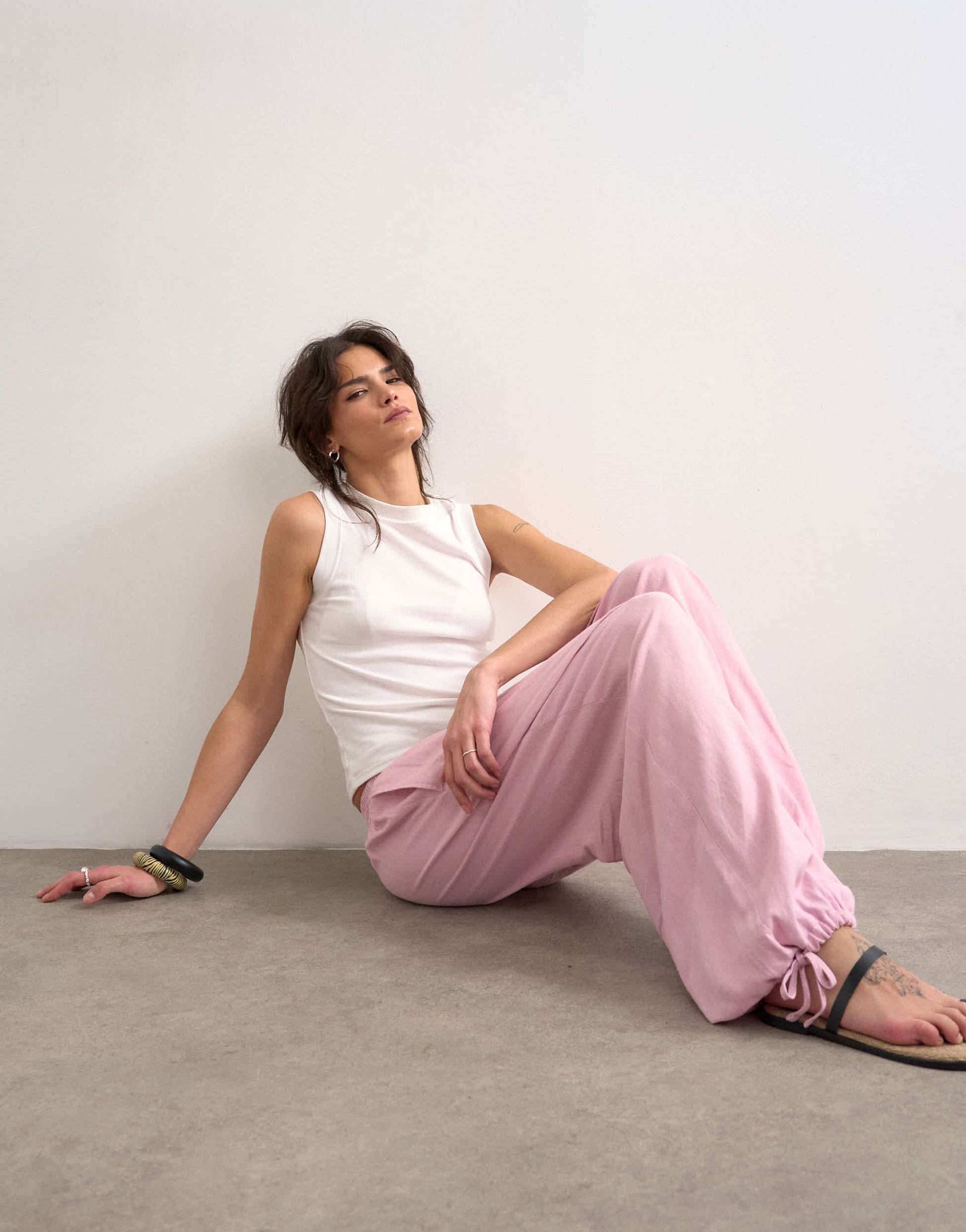 Topshop linen elasticated waist balloon trouser in pink