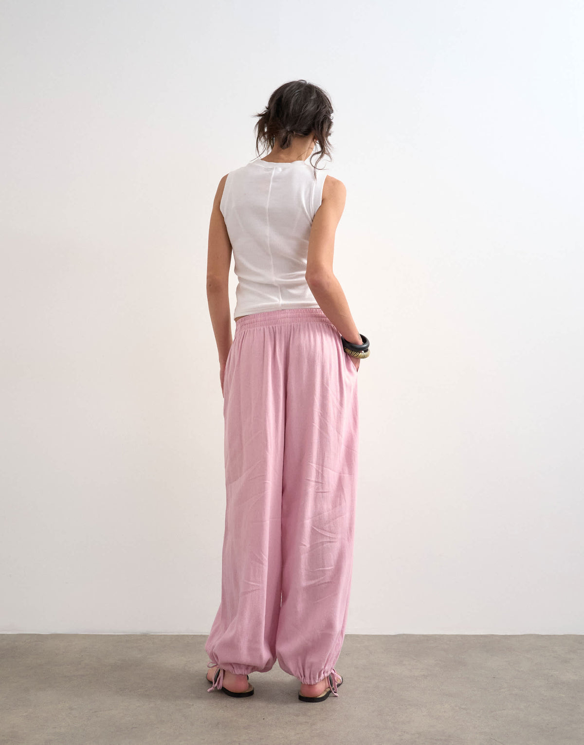 Topshop linen elasticated waist balloon trouser in pink