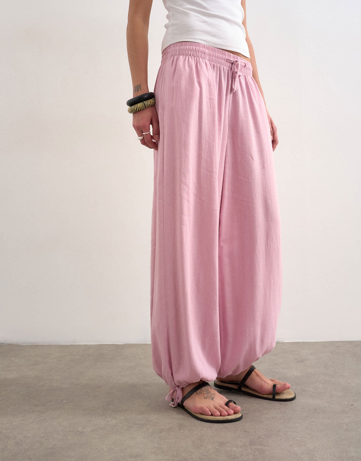 Topshop linen elasticated waist balloon trouser in pink