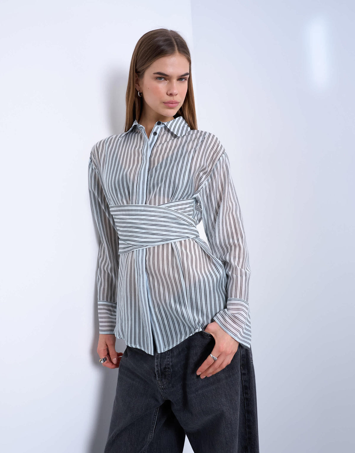 Topshop tie waisted sheer shirt in blue stripe