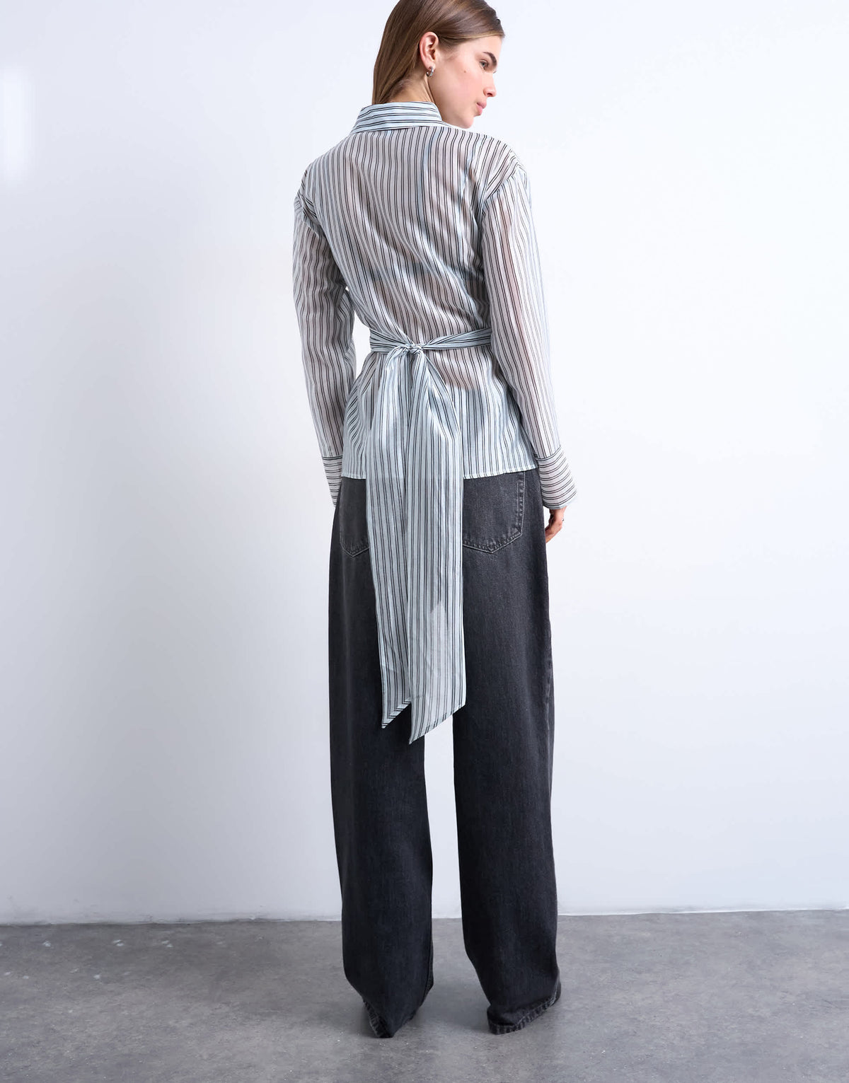Topshop tie waisted sheer shirt in blue stripe