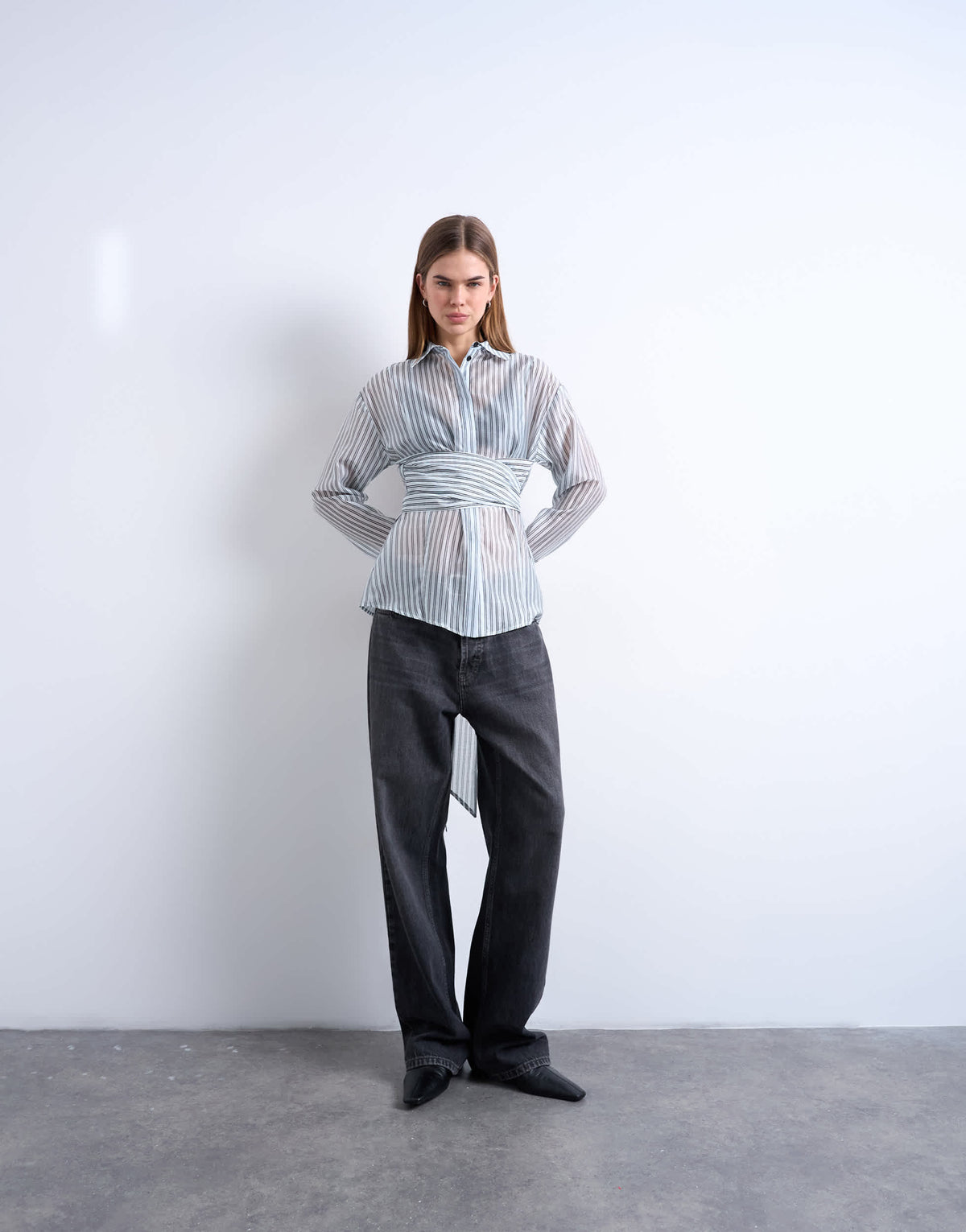 Topshop tie waisted sheer shirt in blue stripe