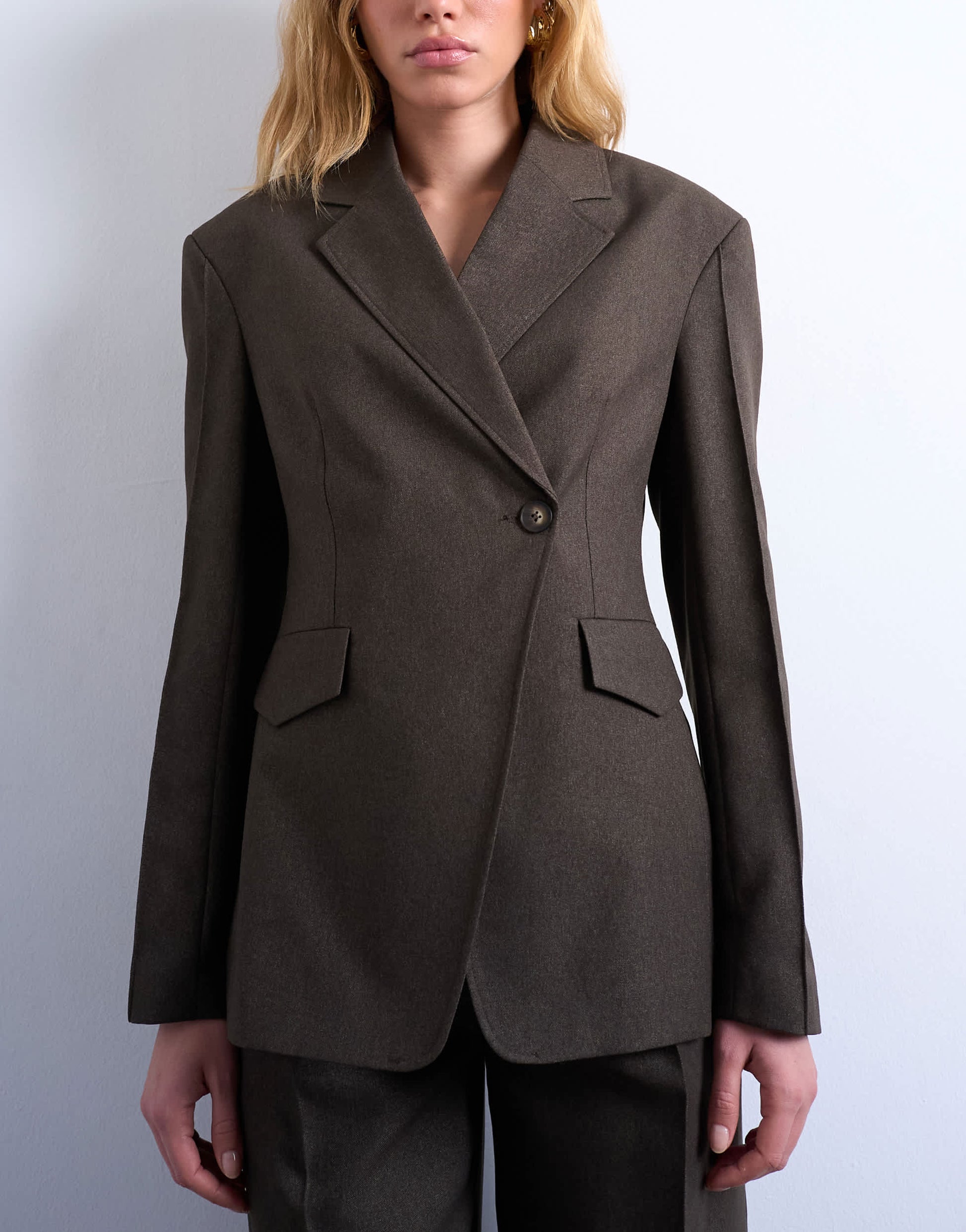 Topshop co ord asymmetric wrap  blazer with seam details in brown