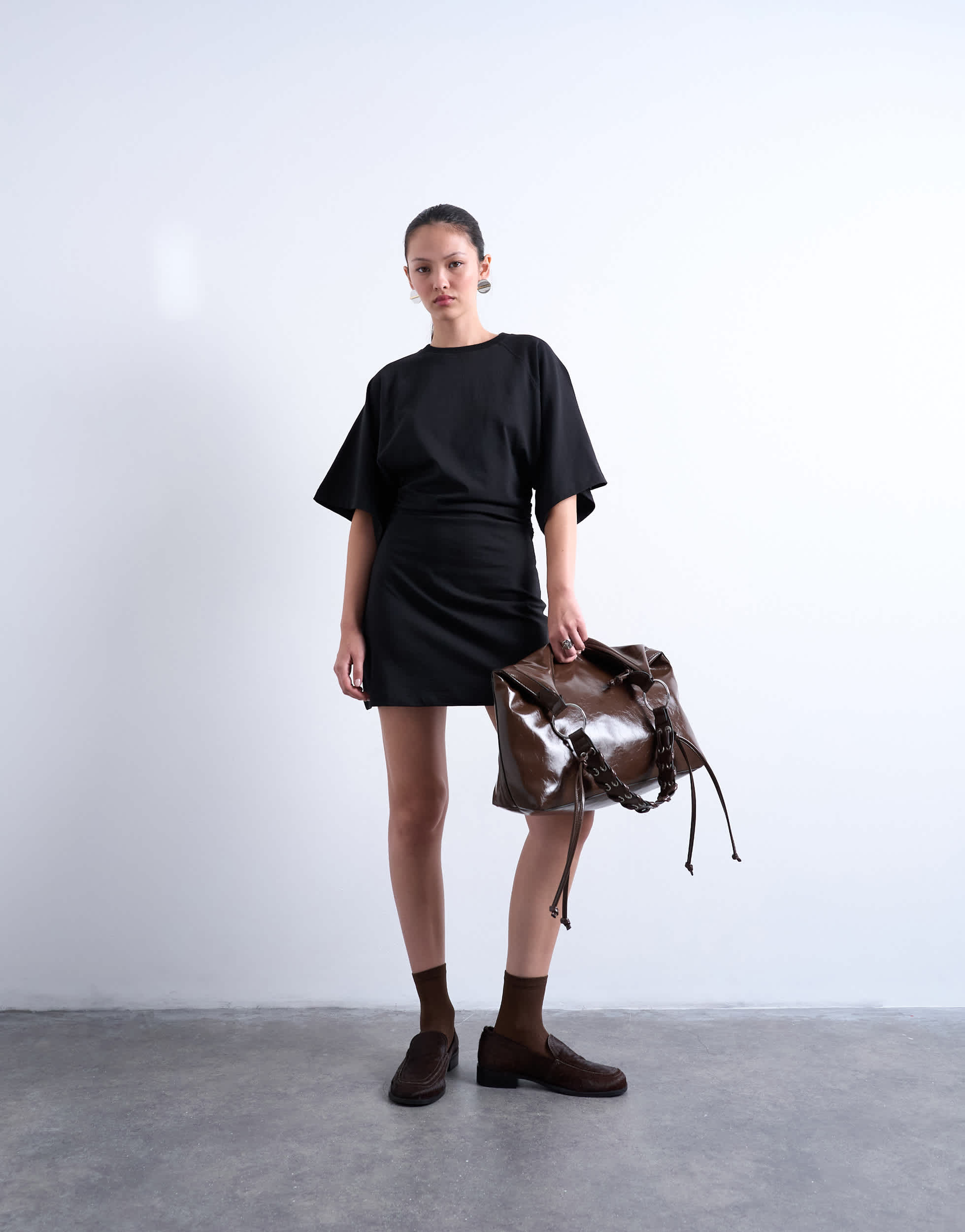 Topshop raglan sleeve cinch waist mini dress in black