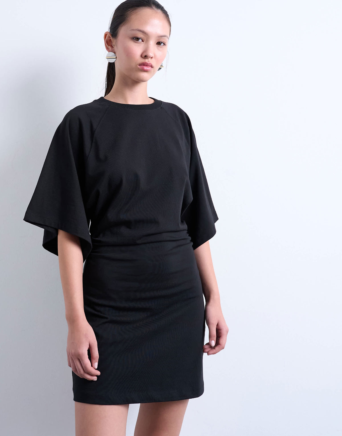 Topshop raglan sleeve cinch waist mini dress in black