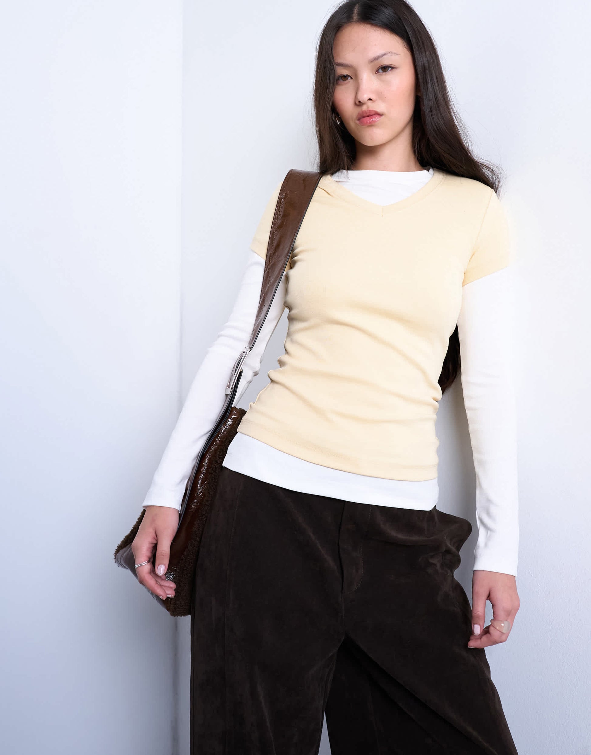 Topshop v-neck double layer long sleeve top in buttermilk and ecru