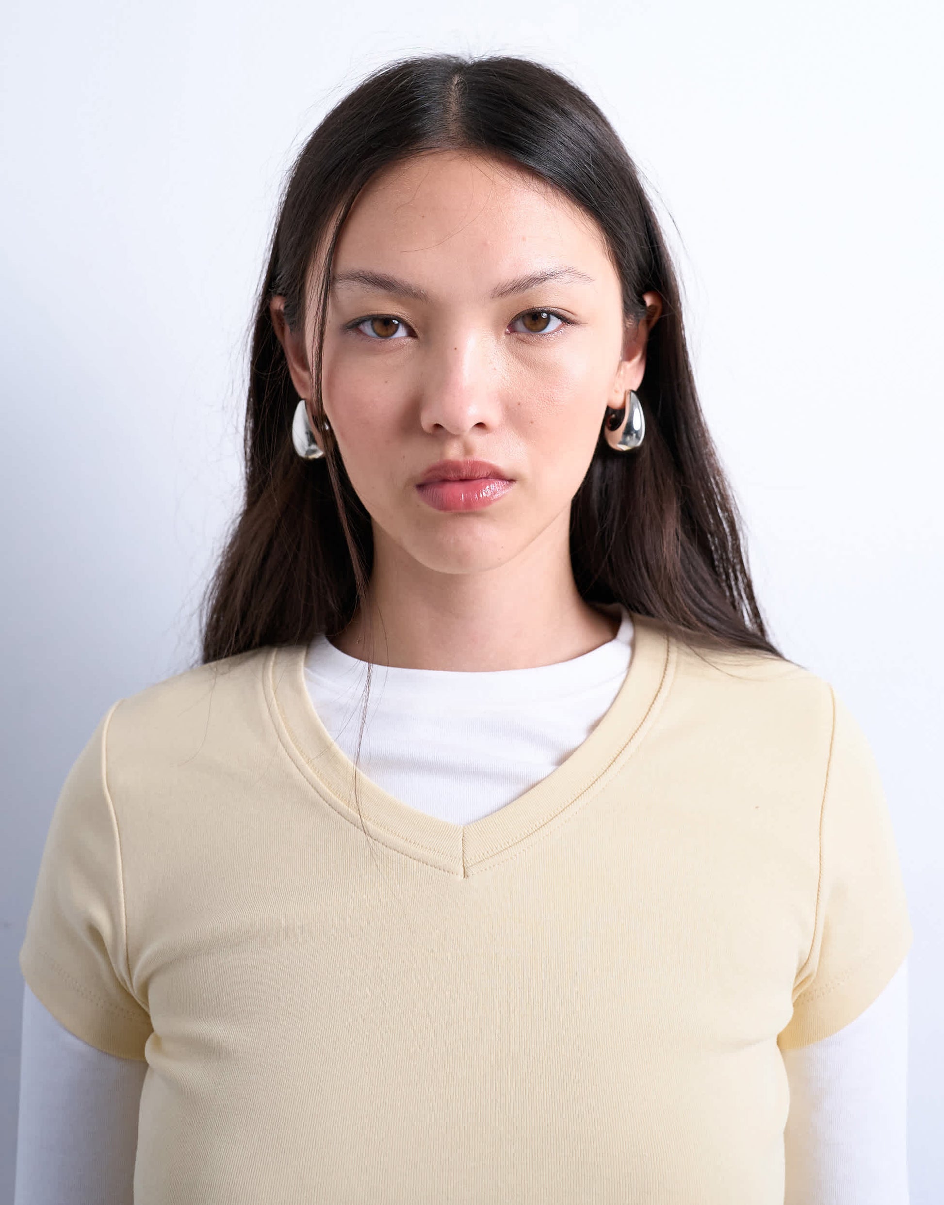 Topshop v-neck double layer long sleeve top in buttermilk and ecru