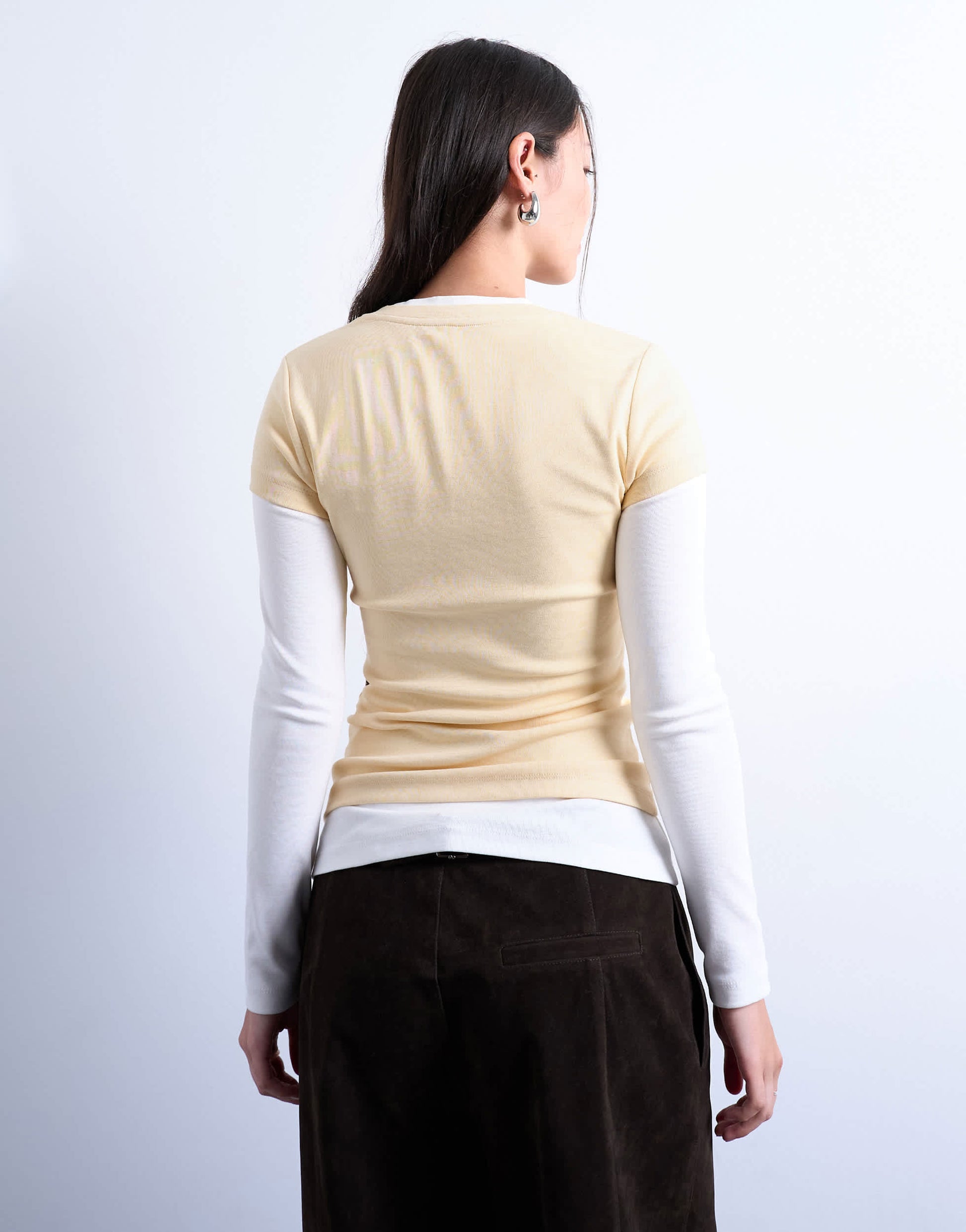 Topshop v-neck double layer long sleeve top in buttermilk and ecru