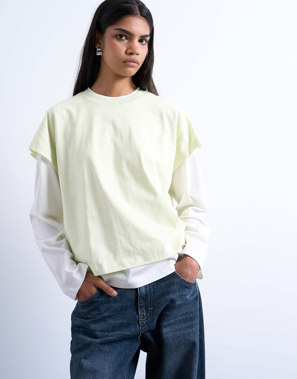 Topshop double layer skater tee in green and ecru