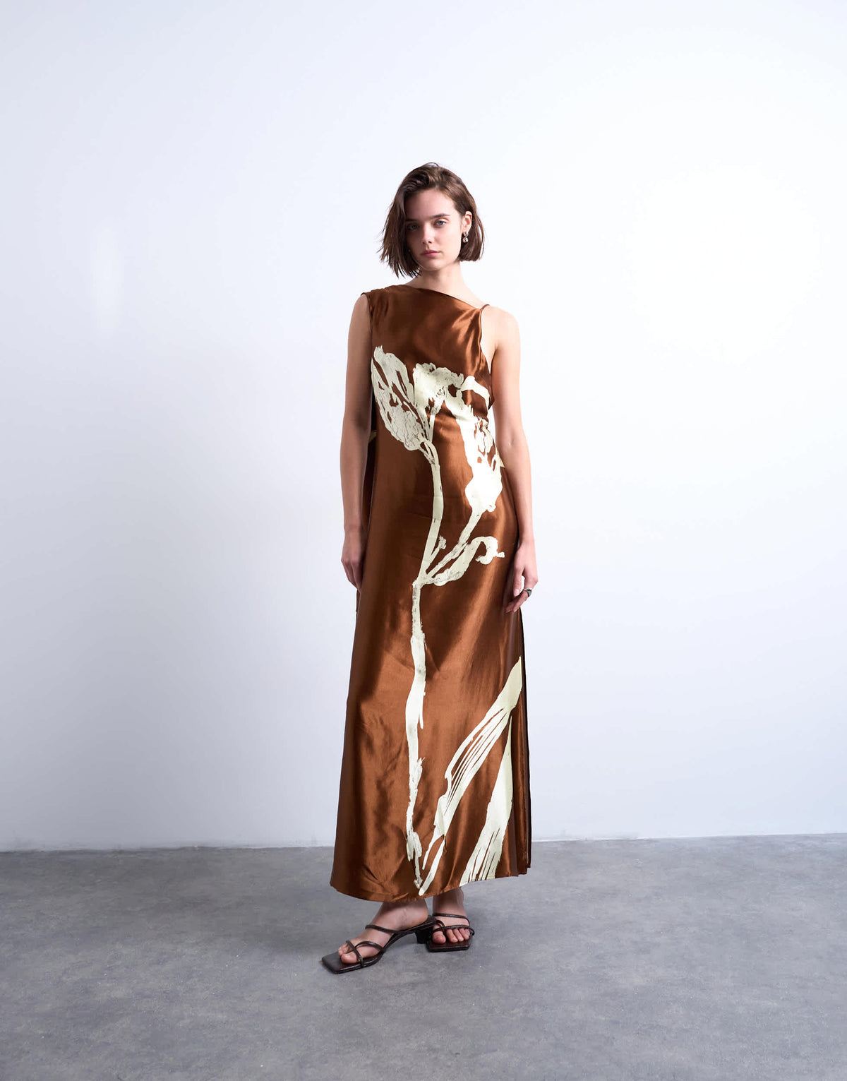 Topshop ruched side midi dress with drape back detail in brown and lime floral