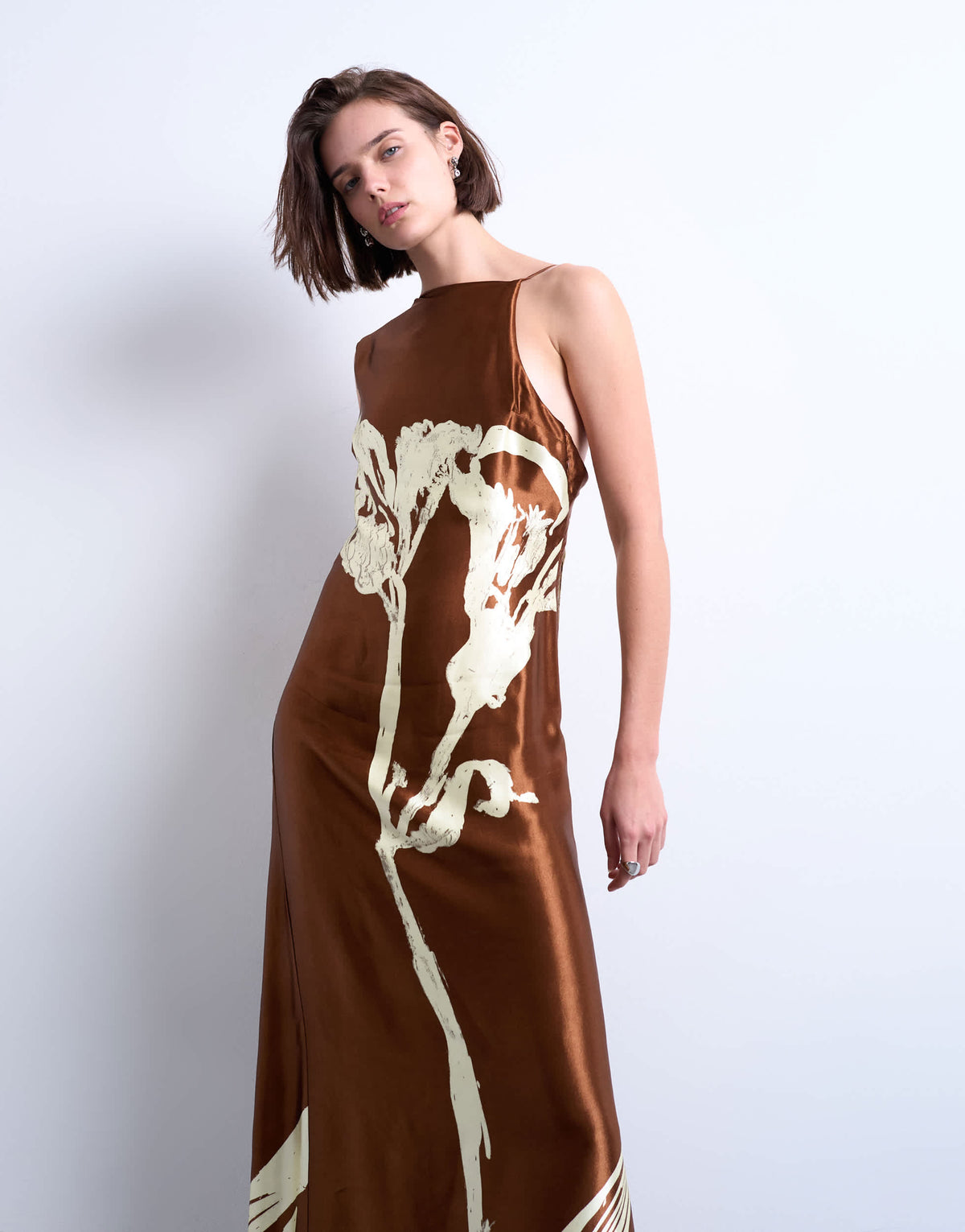 Topshop ruched side midi dress with drape back detail in brown and lime floral
