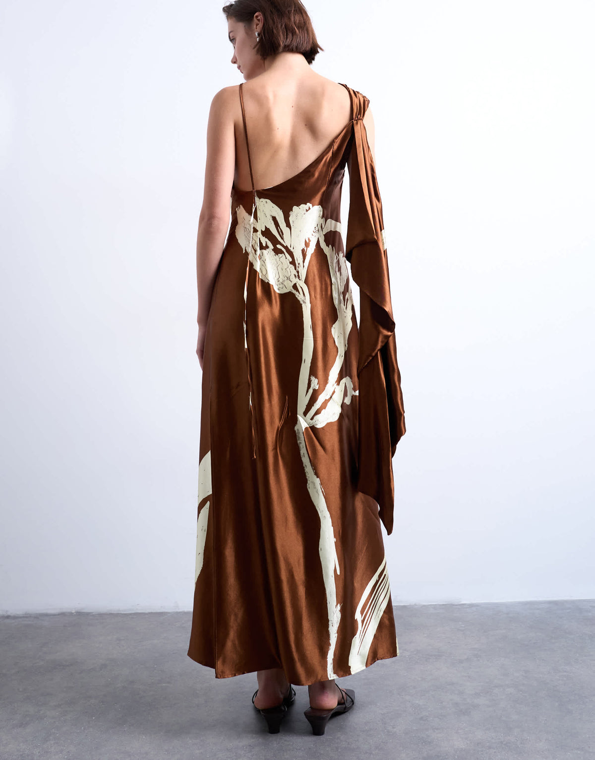 Topshop ruched side midi dress with drape back detail in brown and lime floral