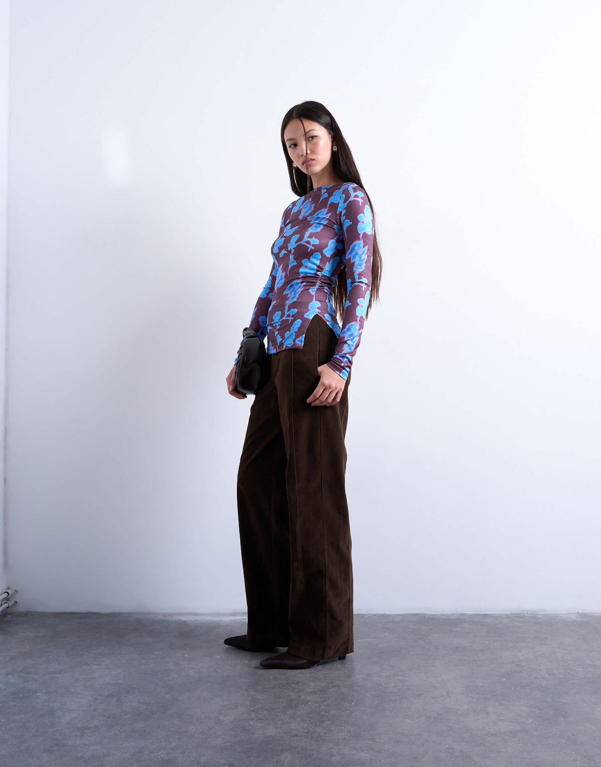Topshop abstract floral print slash neck long sleeve top in blue