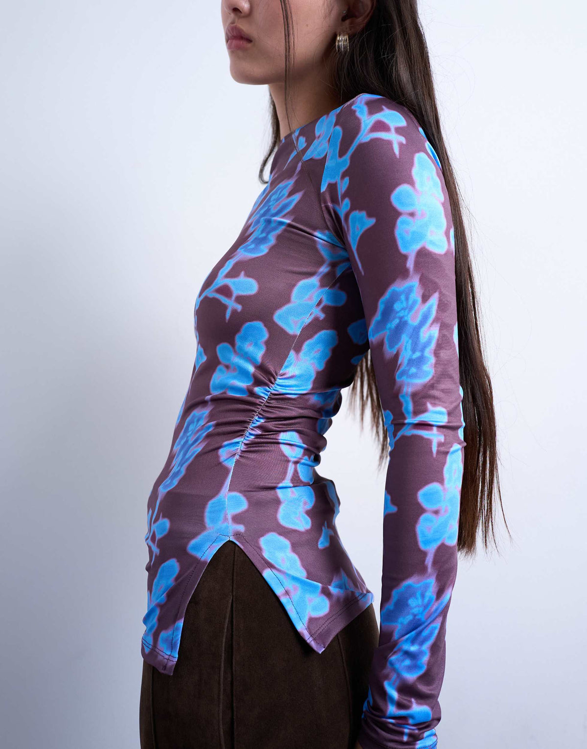 Topshop abstract floral print slash neck long sleeve top in blue