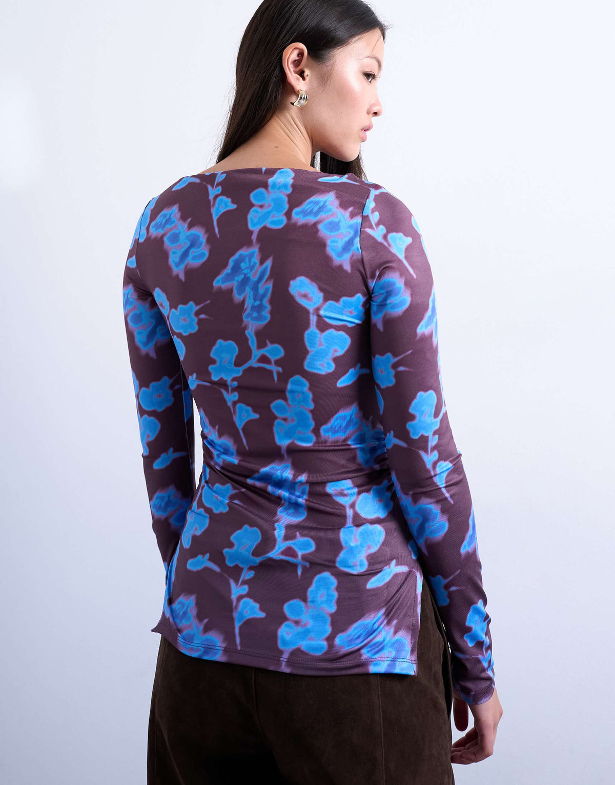 Topshop abstract floral print slash neck long sleeve top in blue