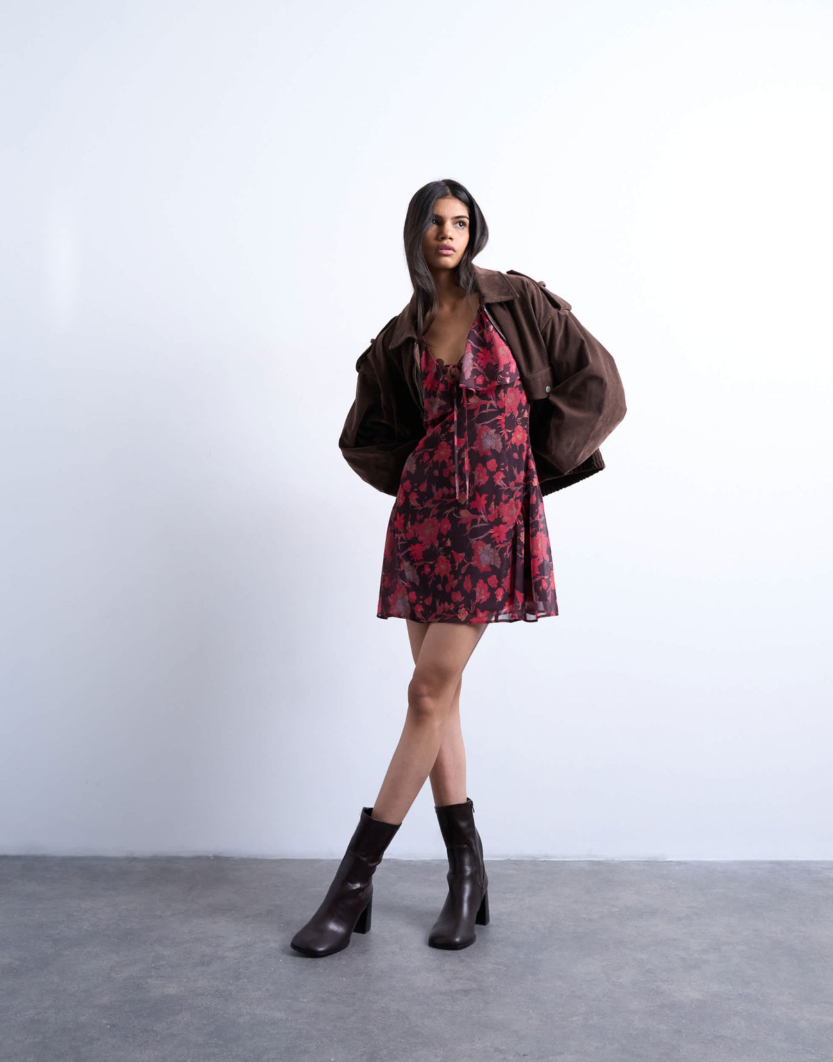 Topshop chiffon mini tea dress in rust floral print