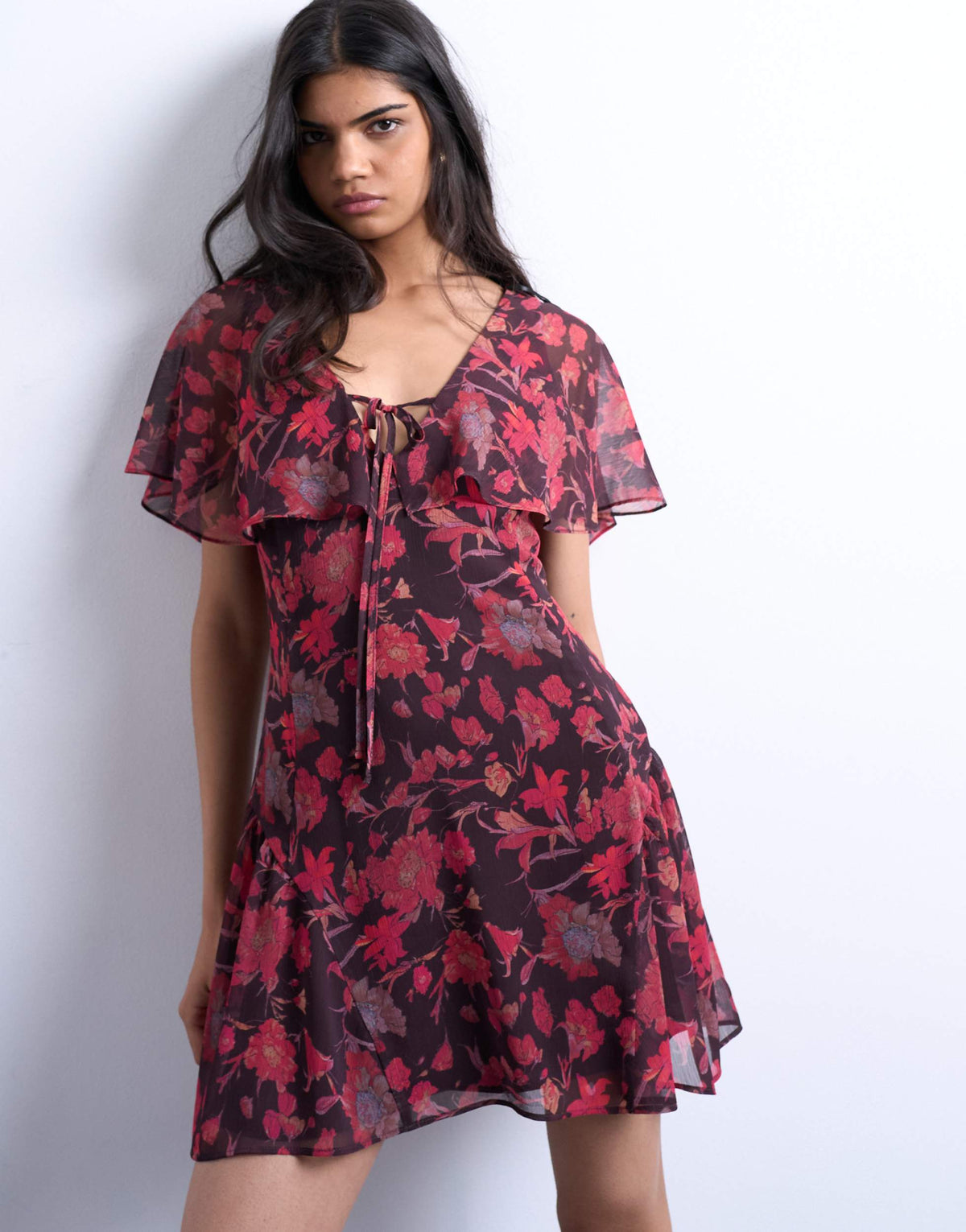 Topshop chiffon mini tea dress in rust floral print