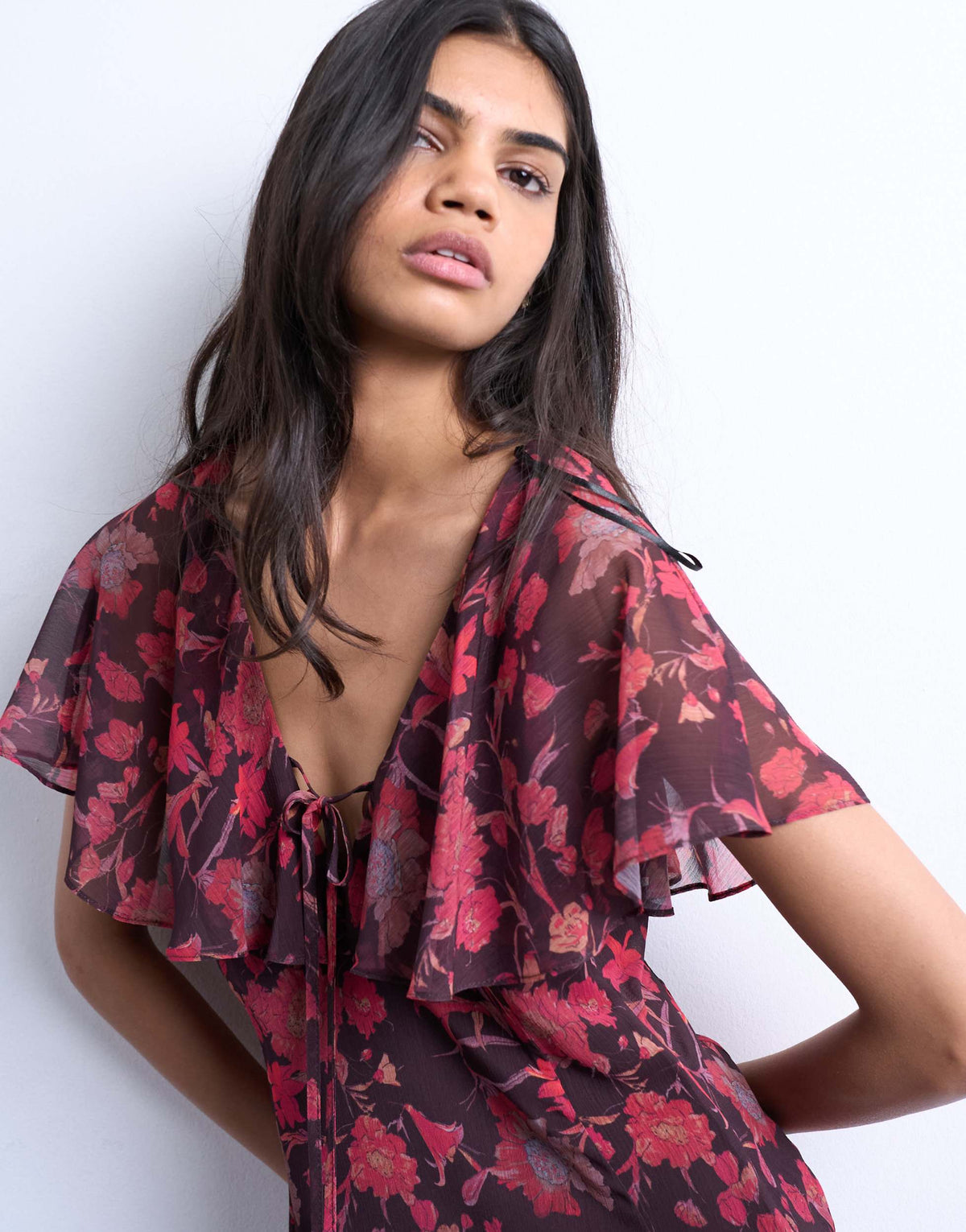 Topshop chiffon mini tea dress in rust floral print