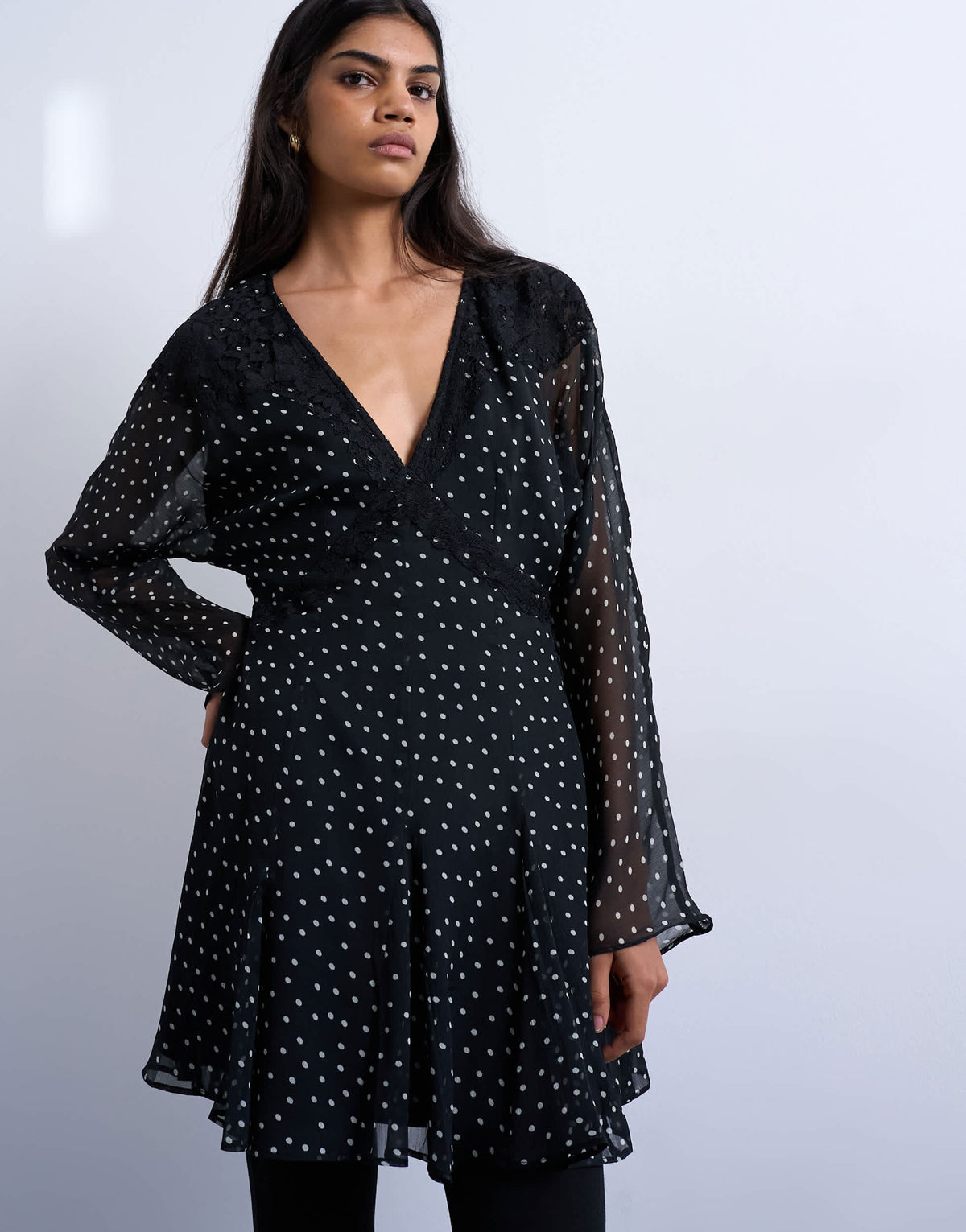 Topshop longsleeve lace trim mini tea dress in mono spot